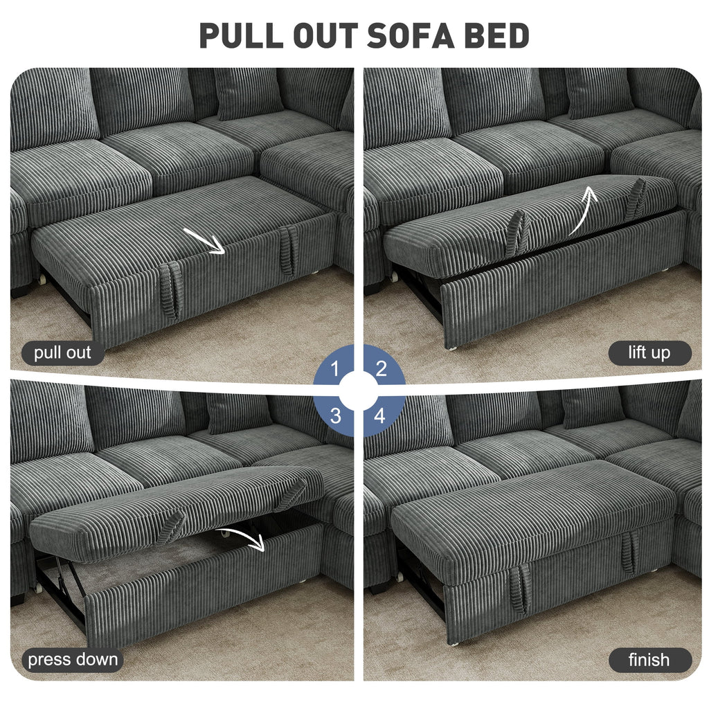 BedLuxury 83 Sectional Sleeper Sofa With Pull Out Bed, Storage Seat & USB Charging, L Shape Modern Couch for Living Room, Corduroy Gray