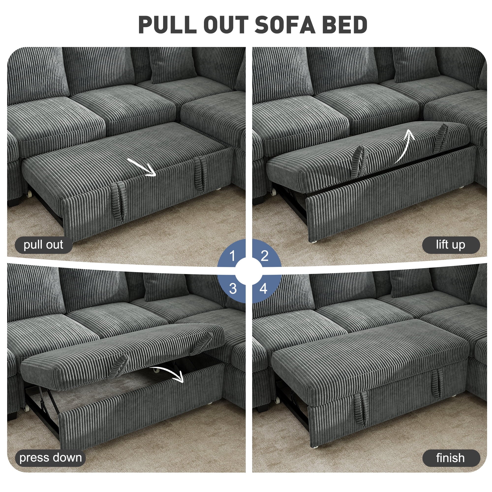 BedLuxury 83 Sectional Sleeper Sofa With Pull Out Bed, Storage Seat & USB Charging, L Shape Modern Couch for Living Room, Corduroy Gray