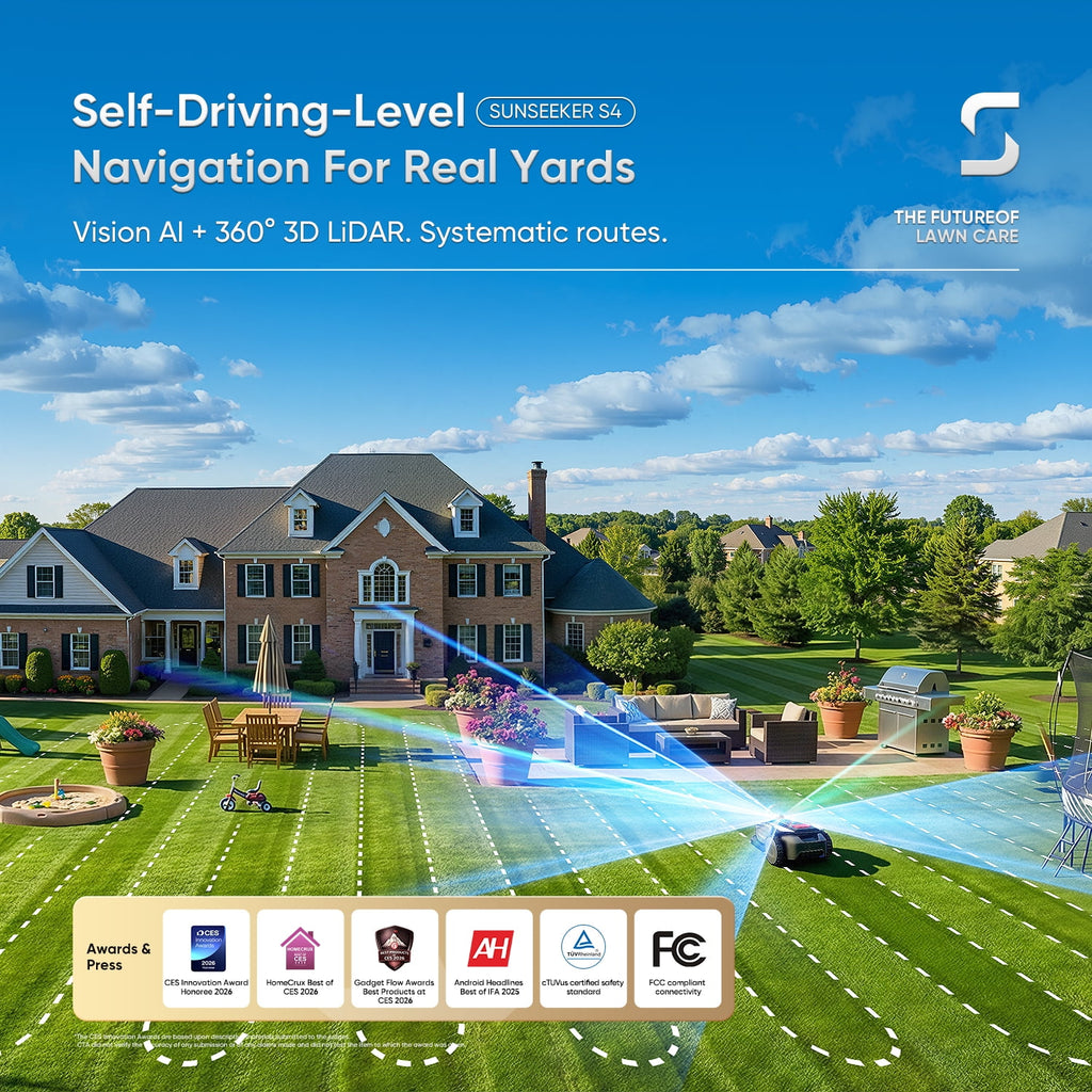 Sunseeker S4 LiDAR Robot Lawn Mower for Up to 0.25 Acre (1000 m²), Vision AI + 360° 3D LiDAR Navigation, Wire-Free Virtual Boundary, Systematic Cutting, 42% Slope, App Control, 60 dB Quiet Mowing
