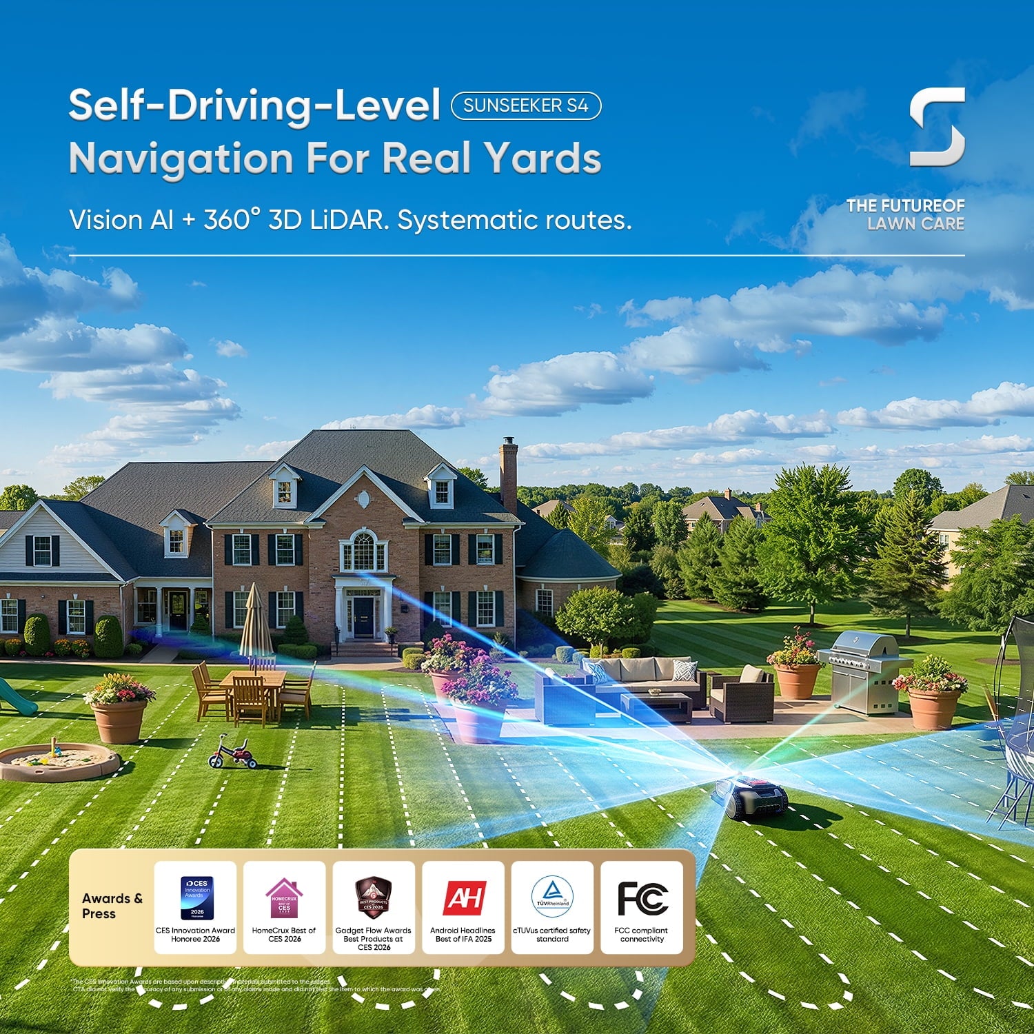Sunseeker S4 LiDAR Robot Lawn Mower for Up to 0.25 Acre (1000 m²), Vision AI + 360° 3D LiDAR Navigation, Wire-Free Virtual Boundary, Systematic Cutting, 42% Slope, App Control, 60 dB Quiet Mowing