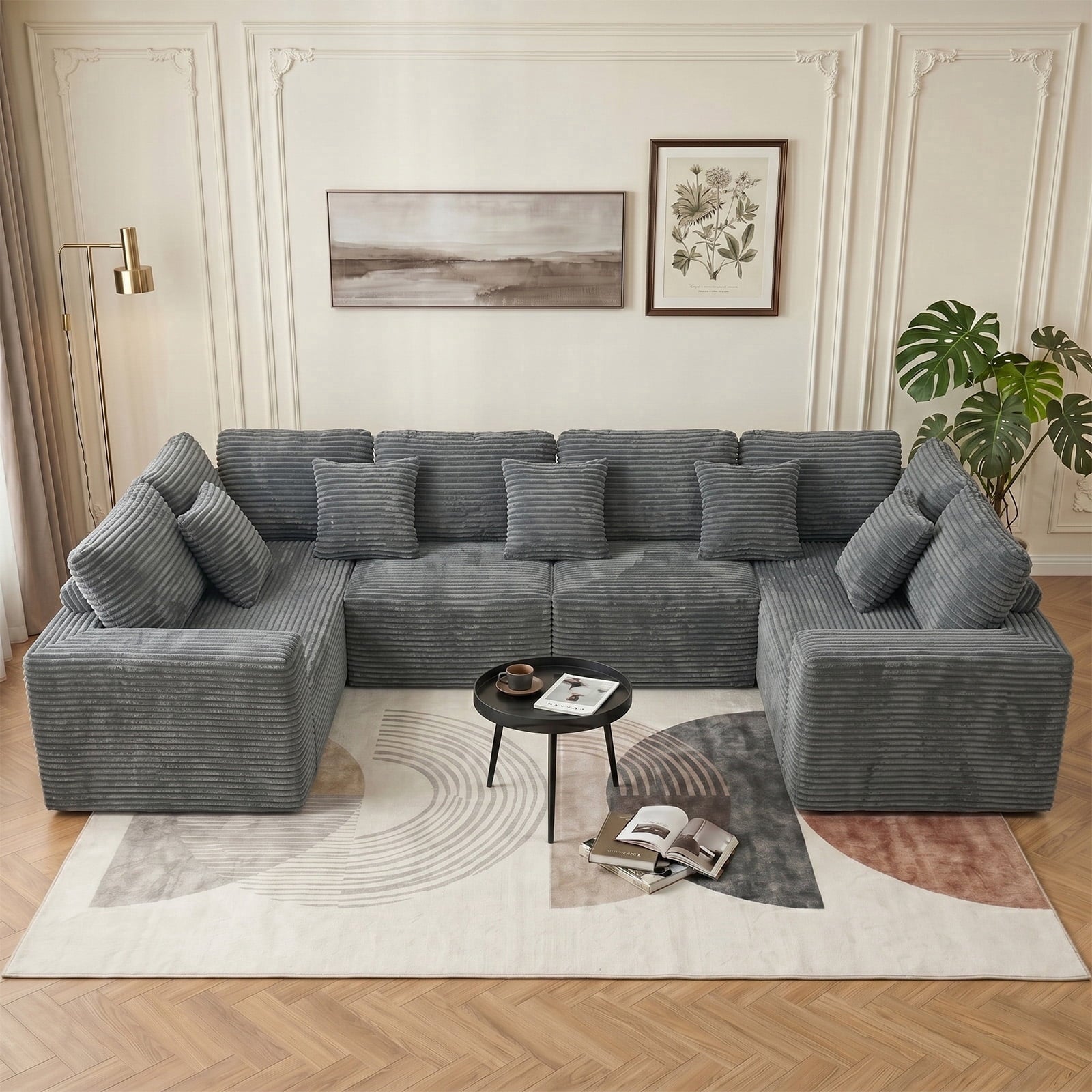 SOULART 138.5 U Shaped Sectional Couch,Gray Cloud Boneless Sofa For Living Room,Plush Corduroy Couches With Deep Seat Chaise Lounge,No Assembly Required