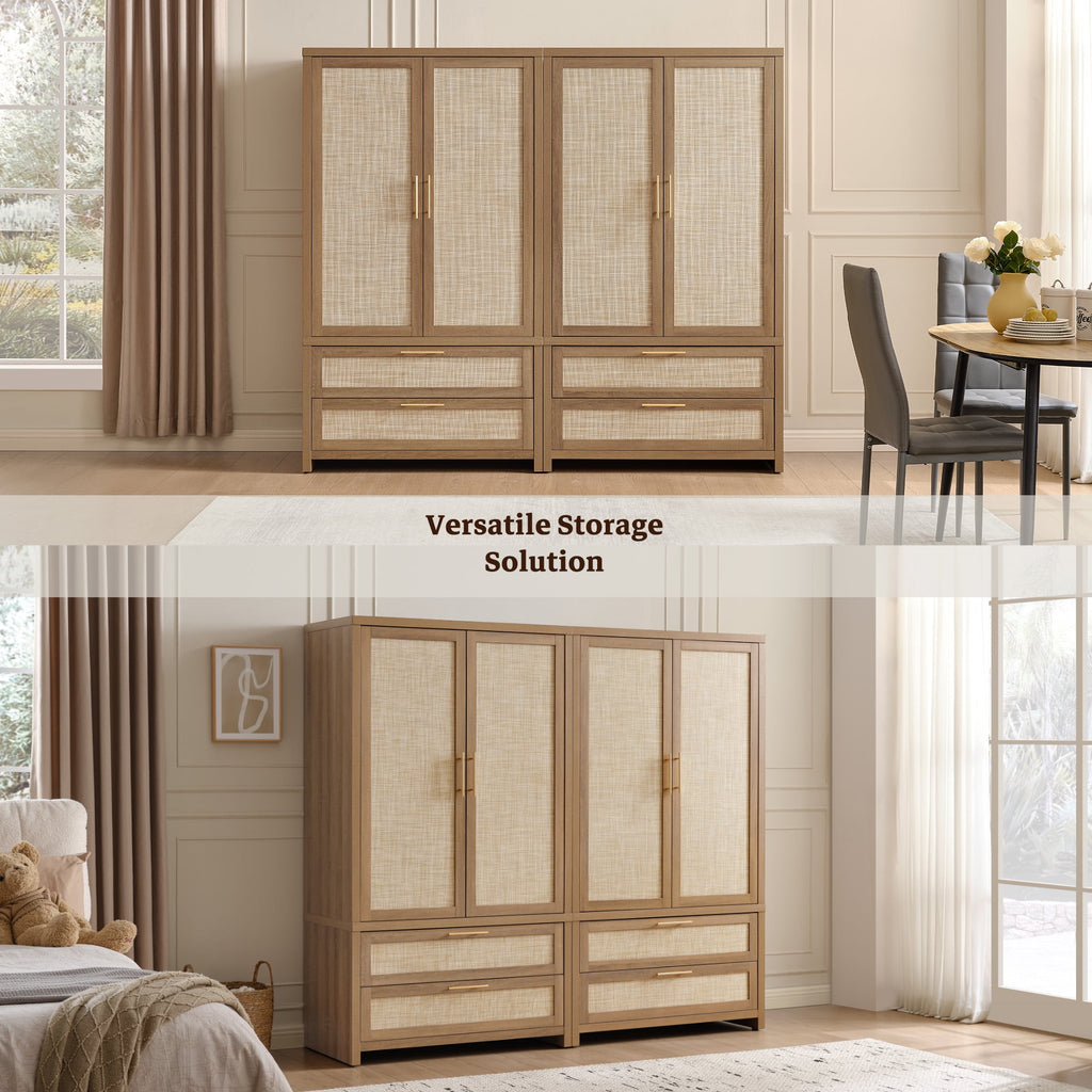 SICOTAS 40W Oversized Boho Armoire Wardrobe Closet with 2 Large Drawers, 71 Tall Rattan Clothing Storage Cabinet with Shelves & Hanging Rod, Farmhouse Freestanding Wardrobe Cabinet for Bedroom, Oak
