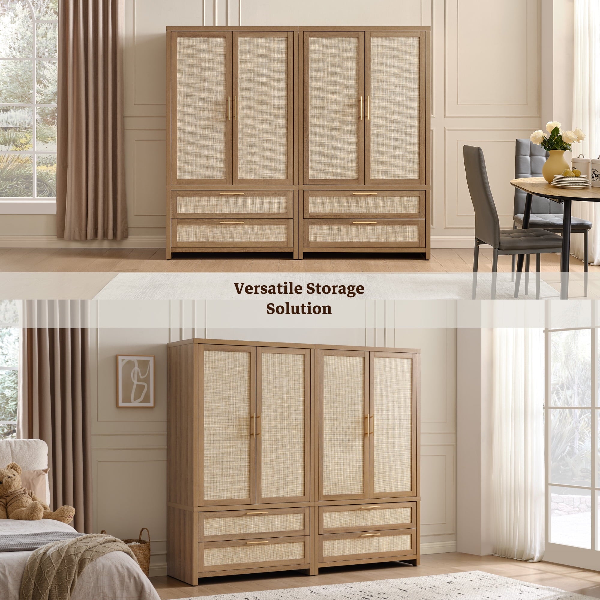 SICOTAS 40W Oversized Boho Armoire Wardrobe Closet with 2 Large Drawers, 71 Tall Rattan Clothing Storage Cabinet with Shelves & Hanging Rod, Farmhouse Freestanding Wardrobe Cabinet for Bedroom, Oak