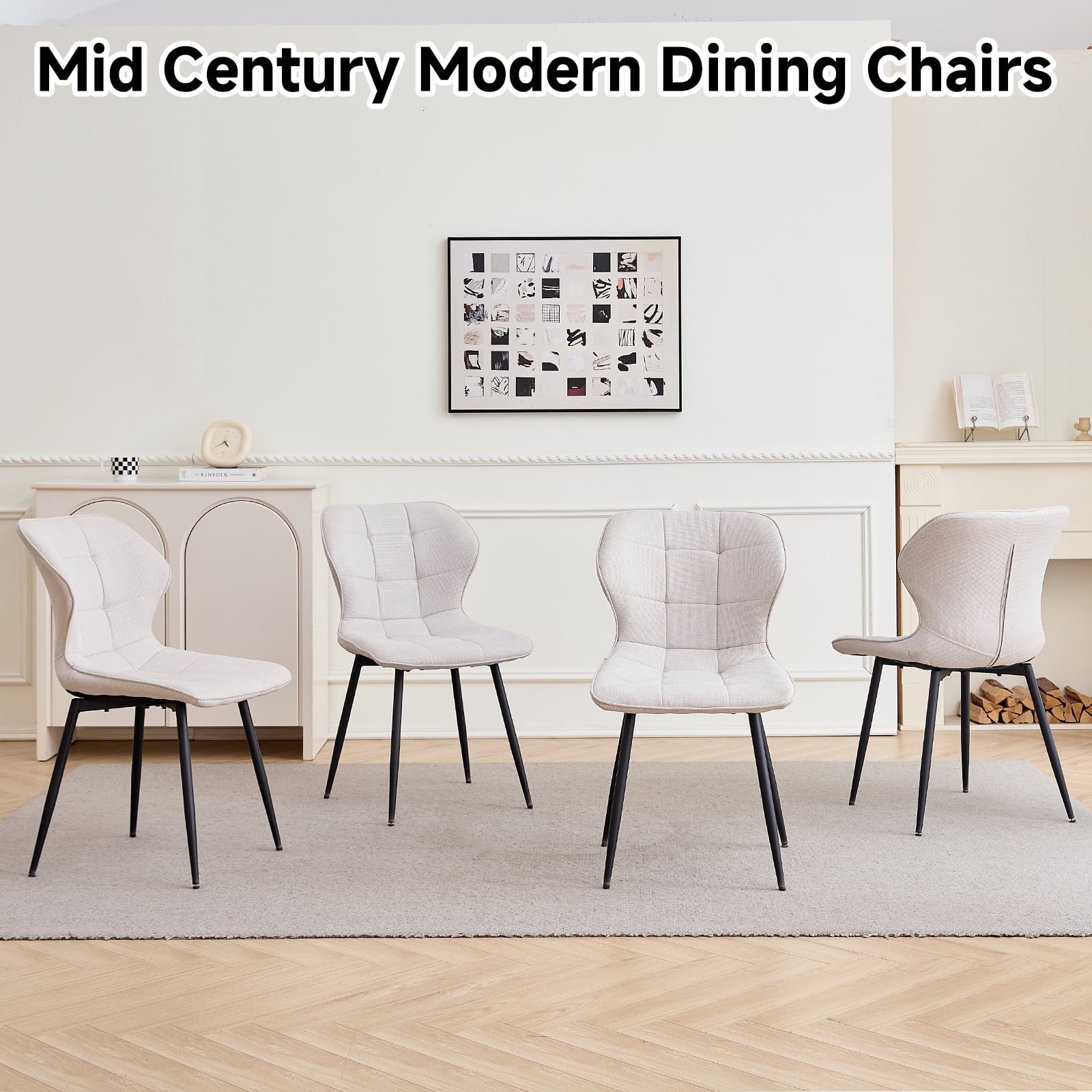 47 Round Dining Table Set for 4 Mid-Century Modern Kitchen Table with 4 Upholstered Chairs Kitchen Coffee Set Dining Table and Chairs for Living Room(Natural Table with 4 Beige Chairs)