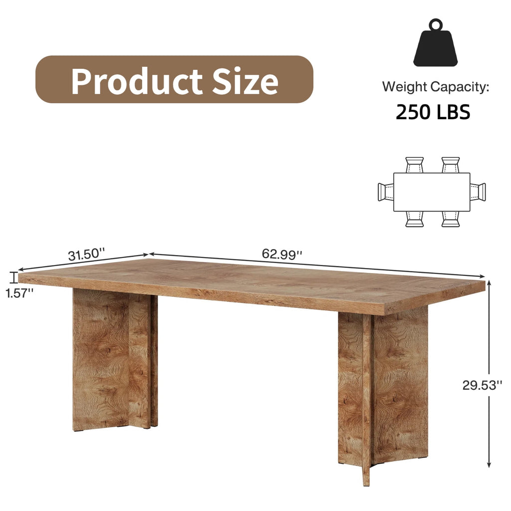 Fnova 63 Rectangular Modern Dining Table, Wooden Modern Kitchen Table for 6 People for Dining Room, Warm Brown (Chairs Not Included)