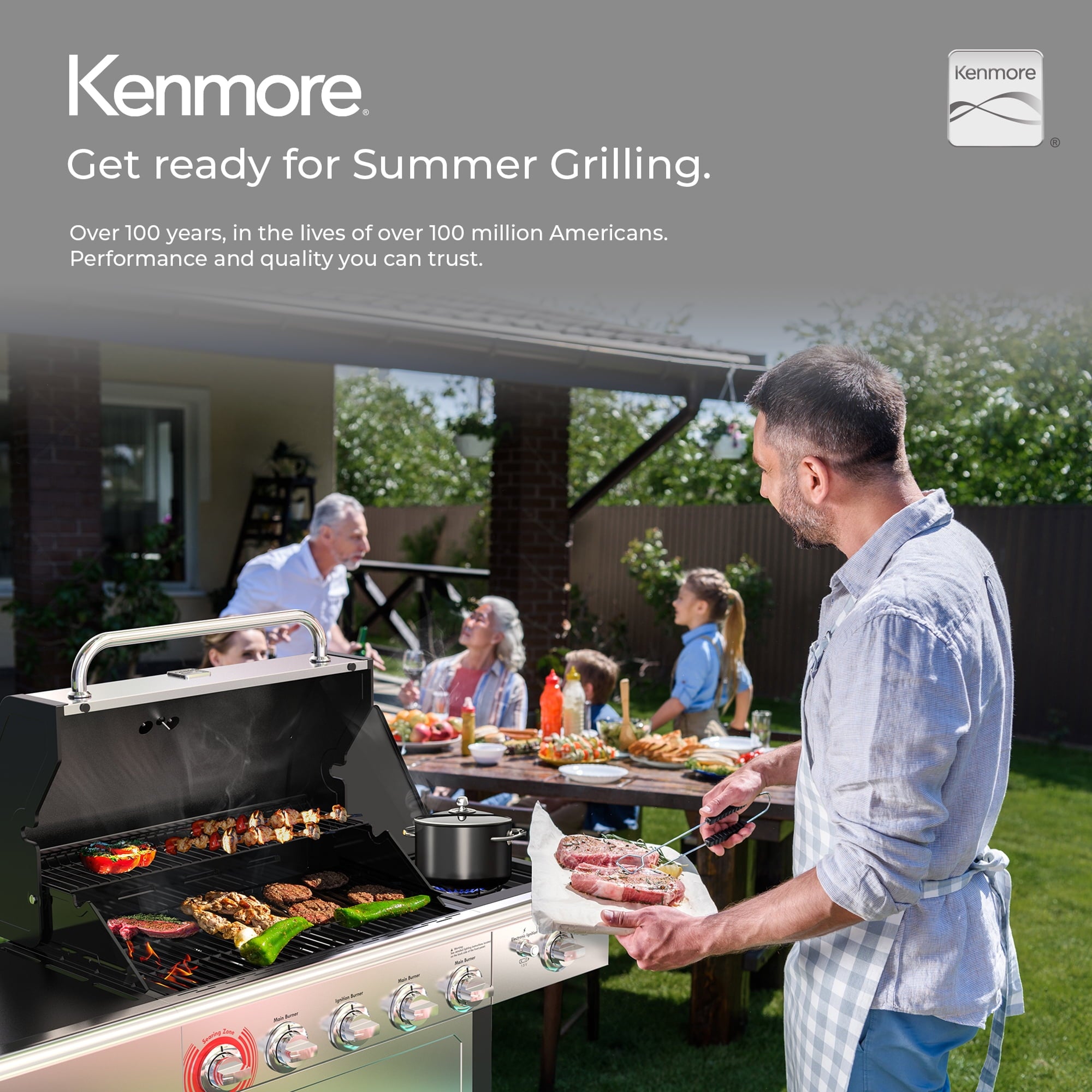 Kenmore 4-Burner Outdoor Propane Gas Grill with Side Burner, Open Cart, Stainless Steel