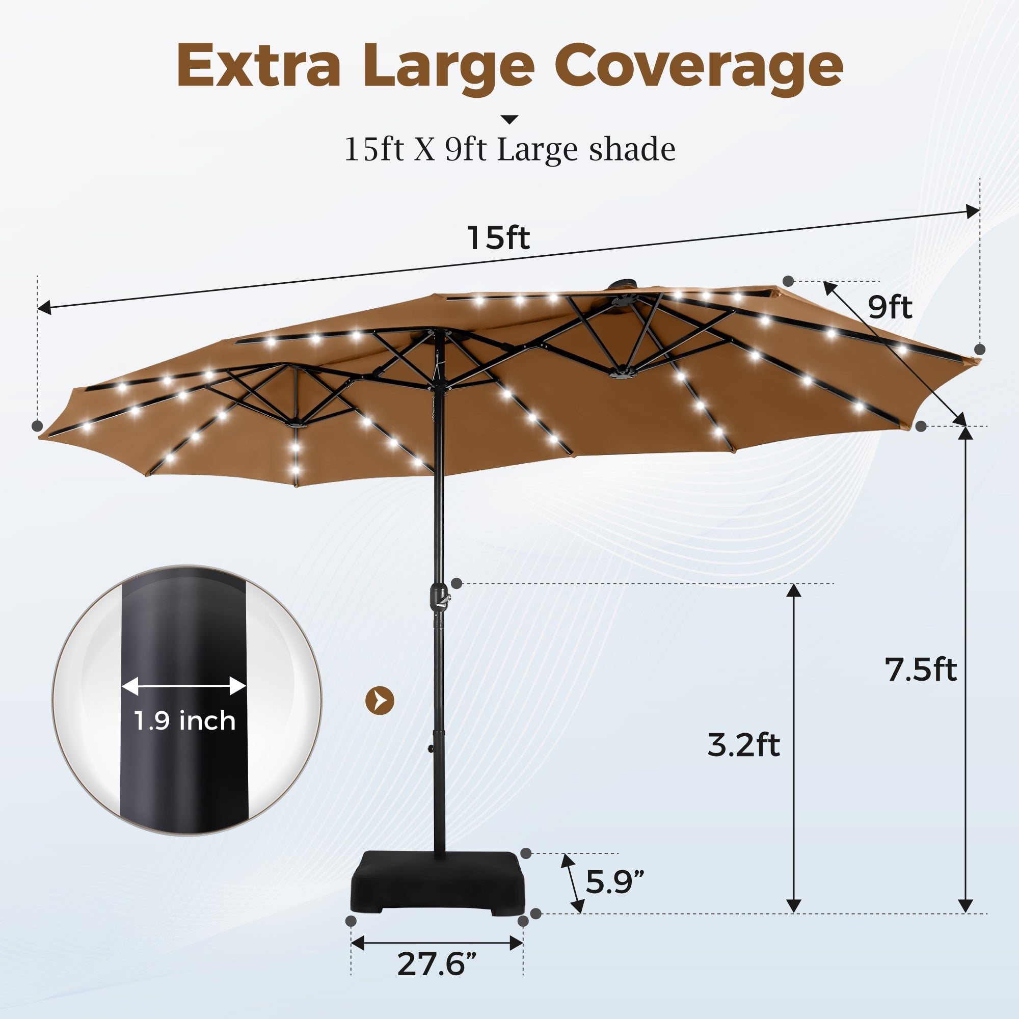 Alpha Joy 15ft Extra Large Outdoor Patio Double-Sided Umbrella with LED Solar Lights & Umbrella Base, Beige