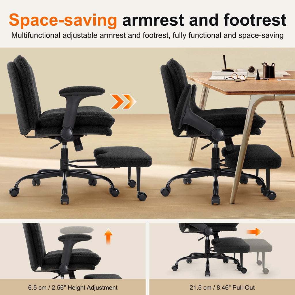 Cross Legged Office Chair with Flip-up Armrests for ADHD, Extra Wide Seat Criss Cross Desk Chair with Stretchable Footrest & Wheels for Adults, Ergonomic Meditation Chair for Home Office Black