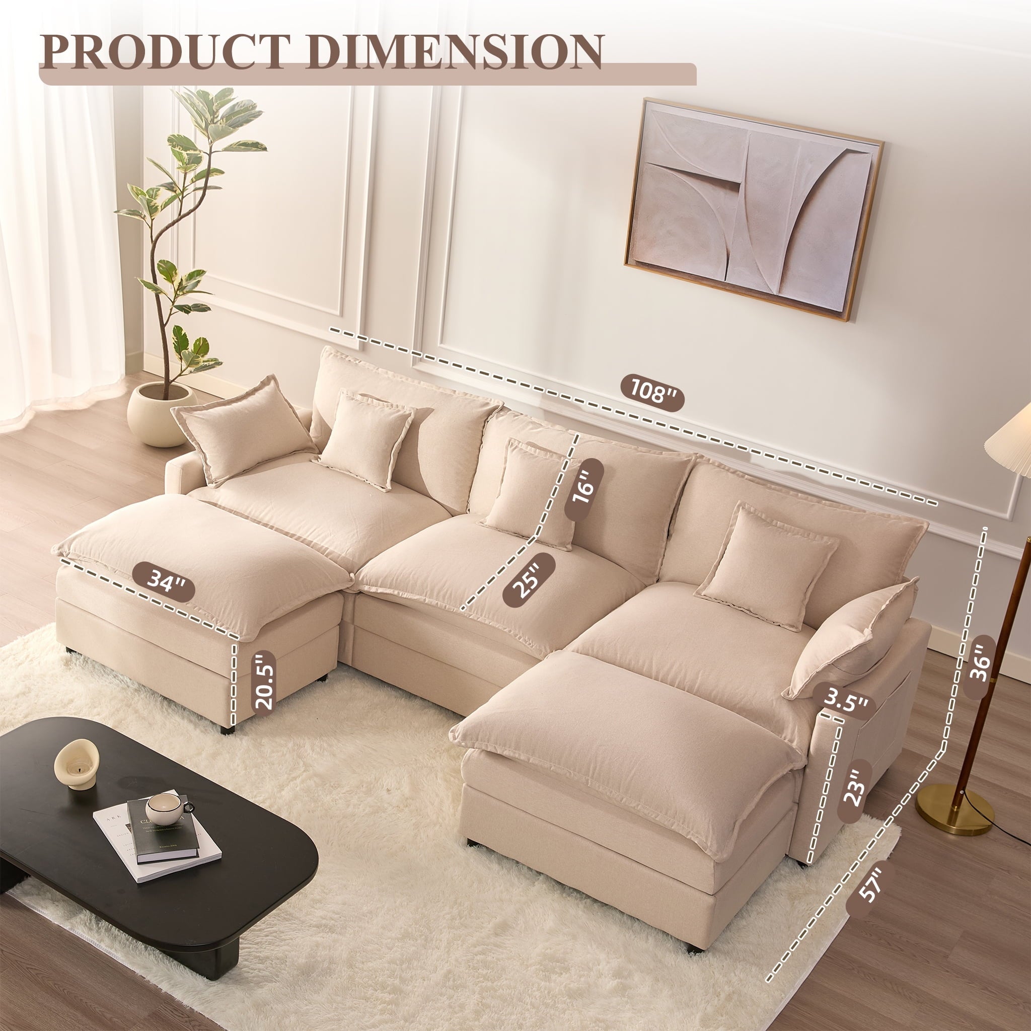 LAKPS 3-Seat Sectional Sofa Couch, Cloud-Style Deep Seating Sleeper Sofa with Included Throw Pillows, Linen Upholstery, Modern Living Room Sofa, Cream White