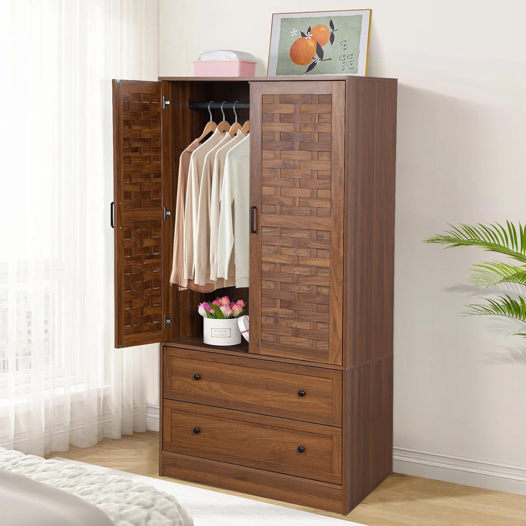 Wirrytor Freestanding Wooden Armoire Wardrobe with 2 Woven Doors and Storage Drawers, Space-Saving Closet Cabinet for Bedroom, Sturdy Mdf Board Closet with Hanging Rail