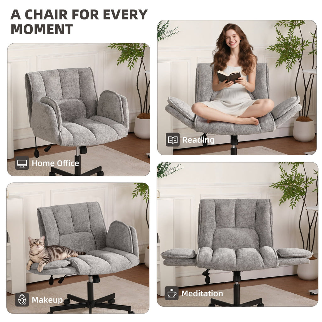 Cross Legged Office Chair with Wheels & Dynamic Airbag Lumbar Support, Criss Cross Wide Seat, 5-Position Fold-Down Armrests, Swivel Vanity Chair for Home Office, Dark Green