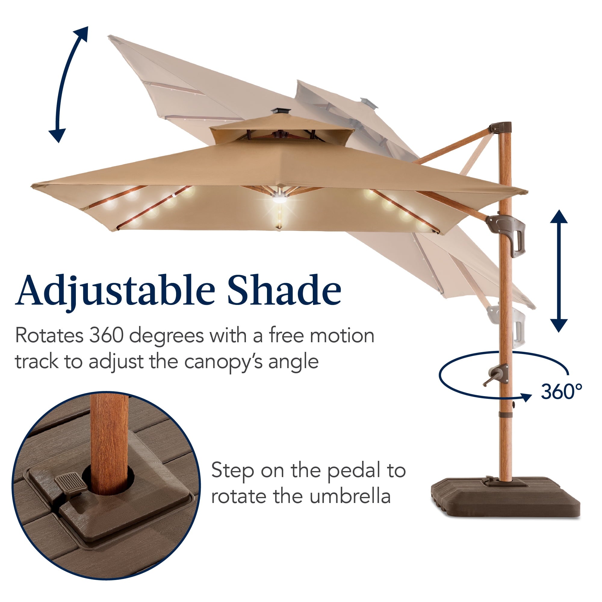 Best Choice Products 10ft Square Woodgrain Pattern 2-Tier Outdoor Solar LED Cantilever Umbrella w/ Base - Gray