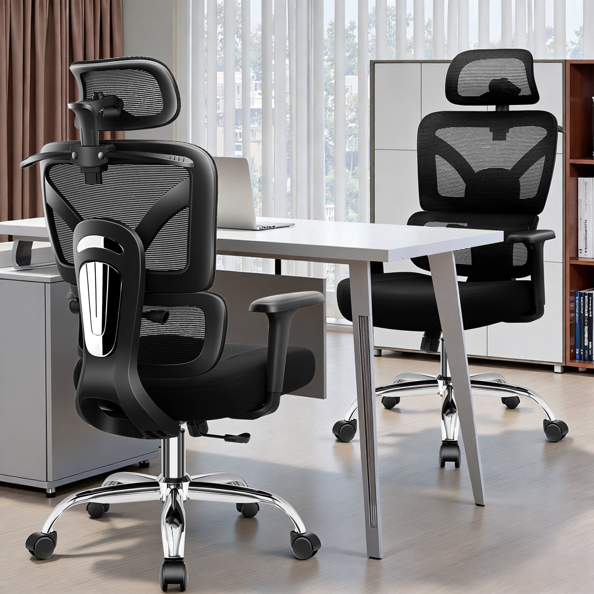 COOLHUT Ergonomic Mesh Office Chair with Footrest, Big and Tall Computer Desk Chair with Adjustable Lumbar Support, Headrest and Armrest, High Back Home Office Chair for Workspace, 300LBS, Black