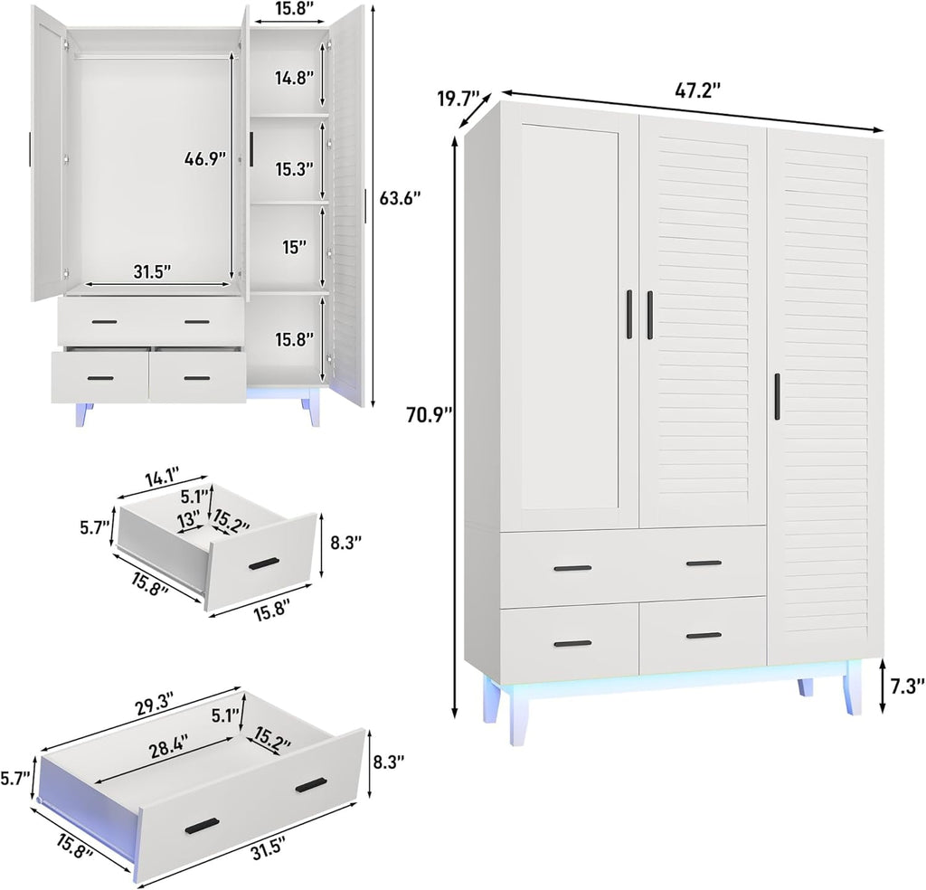Blotout 70 Armoire Wardrobe Closet with Mirror & LED Lights, LED White Louver Door Wardrobe Armoire with 3 Drawers & Hanging Rods, Large 3 Doors Armoire Storage with Multi-Layer Shelves
