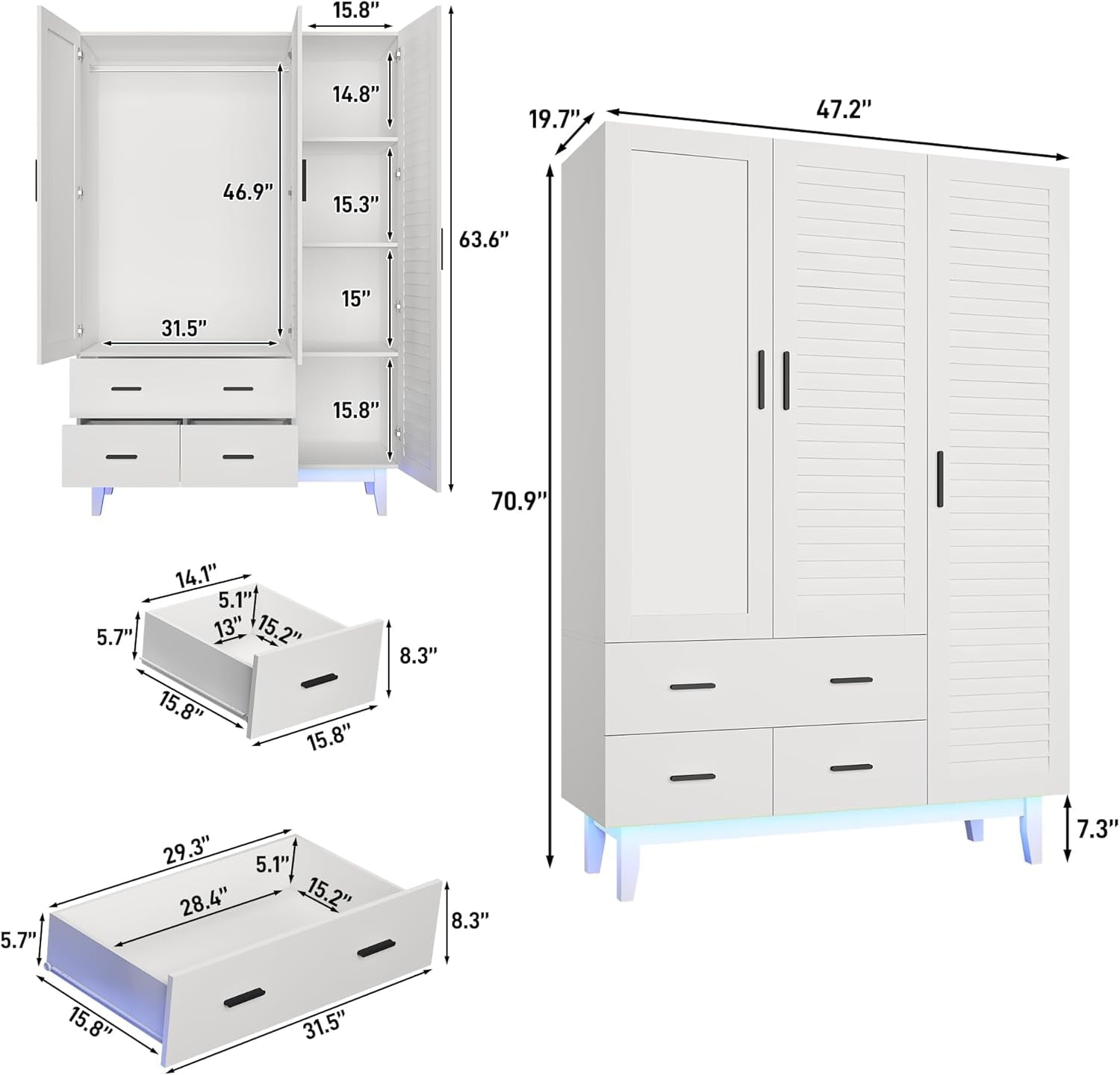 Blotout 70 Armoire Wardrobe Closet with Mirror & LED Lights, LED White Louver Door Wardrobe Armoire with 3 Drawers & Hanging Rods, Large 3 Doors Armoire Storage with Multi-Layer Shelves