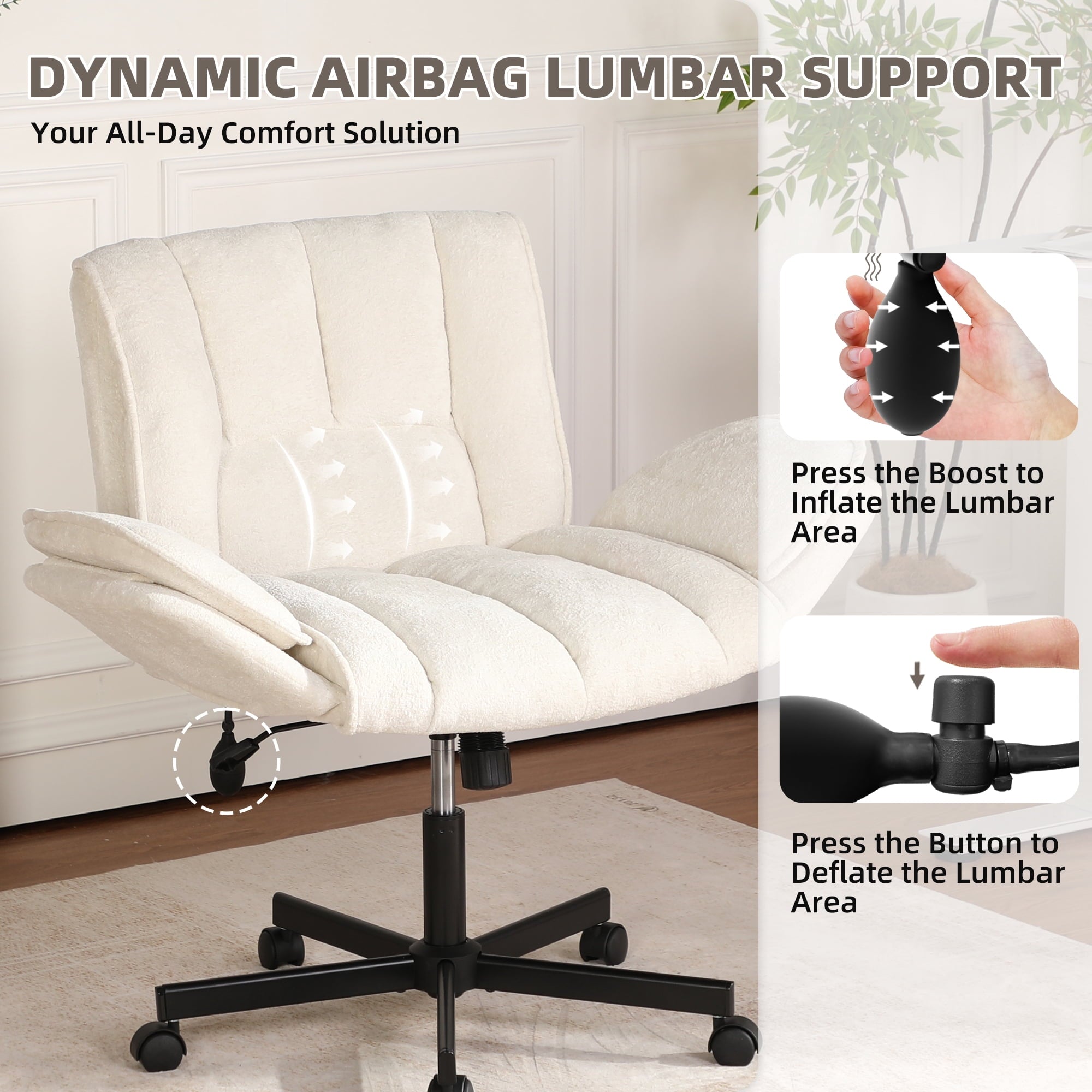 Cross Legged Office Chair with Wheels & Dynamic Airbag Lumbar Support, Criss Cross Wide Seat, 5-Position Fold-Down Armrests, Swivel Vanity Chair for Home Office, Dark Green