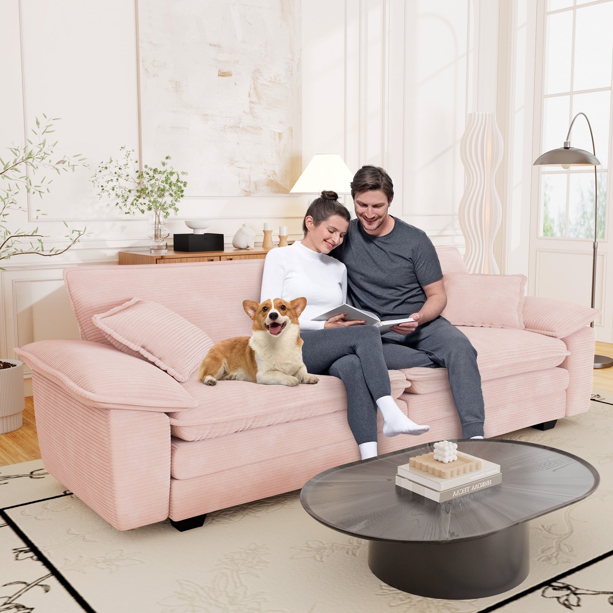 Muumblus 80.5 Corduroy Loveseat Sofa, Oversized Upholstered 2-Seater Fluffy Cloud Sleeper Couch for Living Room/Apt, Pink