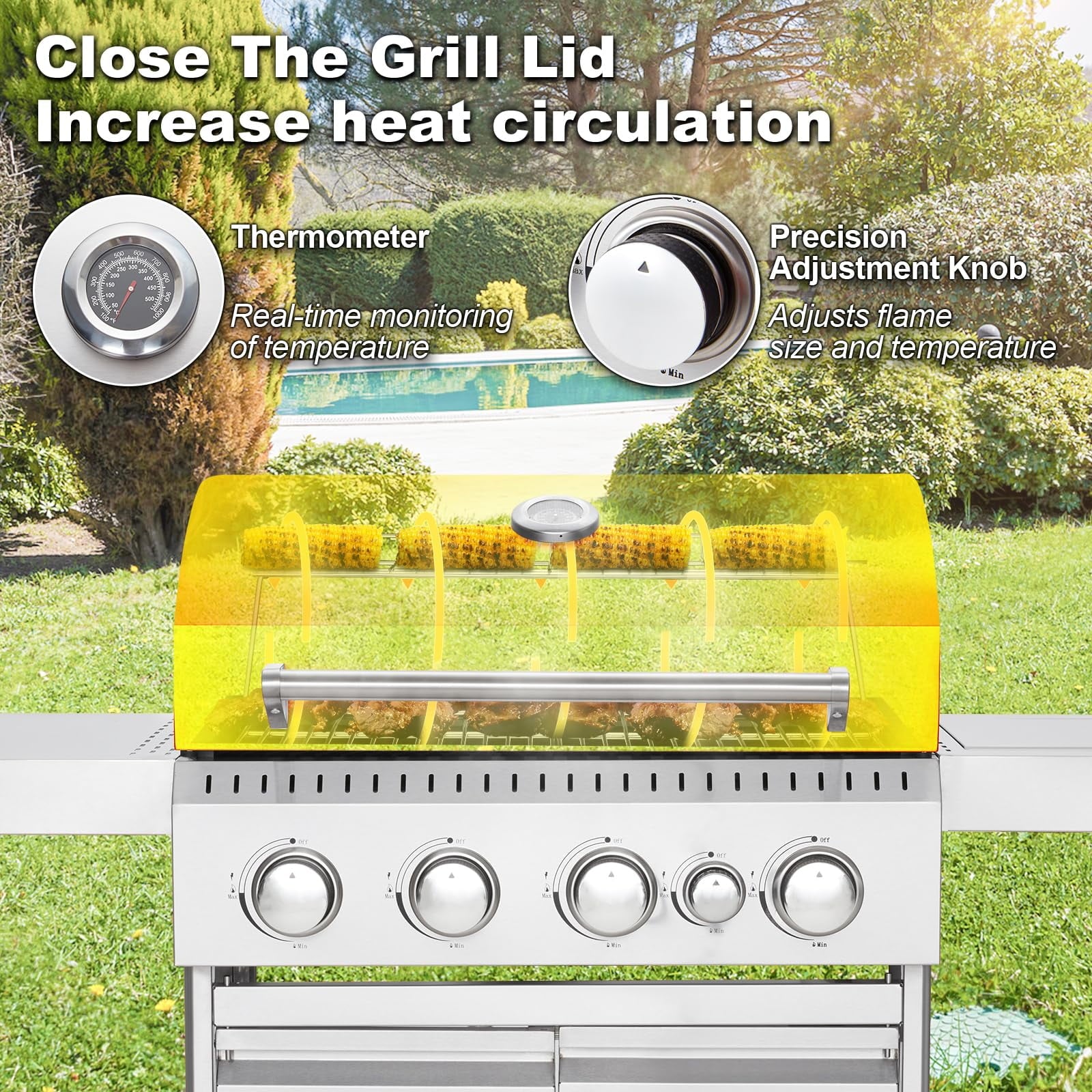 MELLCOM Upgraded 36,000 BTU Stainless Steel Burner Barbecue Grill, 3 Burner BBQ Propane Gas Grill with Cast Iron Grates & Side Stove for Patio, Camping, Outdoor Cooking
