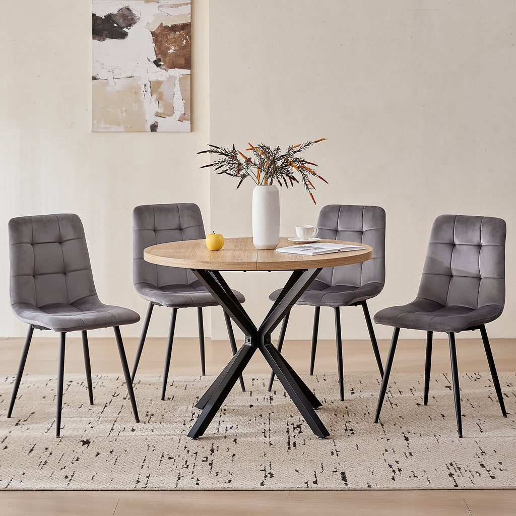 5 Piece 39 Round Dining Table Set for 4, Mid Century Kitchen Table with 4 Khaki Fabric Upholstered Dining Chairs for Apartment Living Room, Space Saving Table.