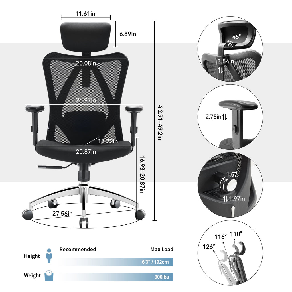 Sihoo M18 Mesh Ergonomic Office Chair with Adjustable Lumbar Support, High Back, Black