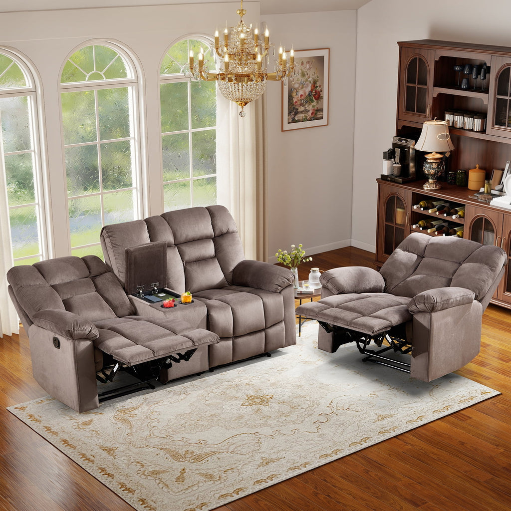 Bonzy Home Brown Manual Recliner Sofa Set with Single Seat, Loveseat, Hidden Storage and Cup Holders