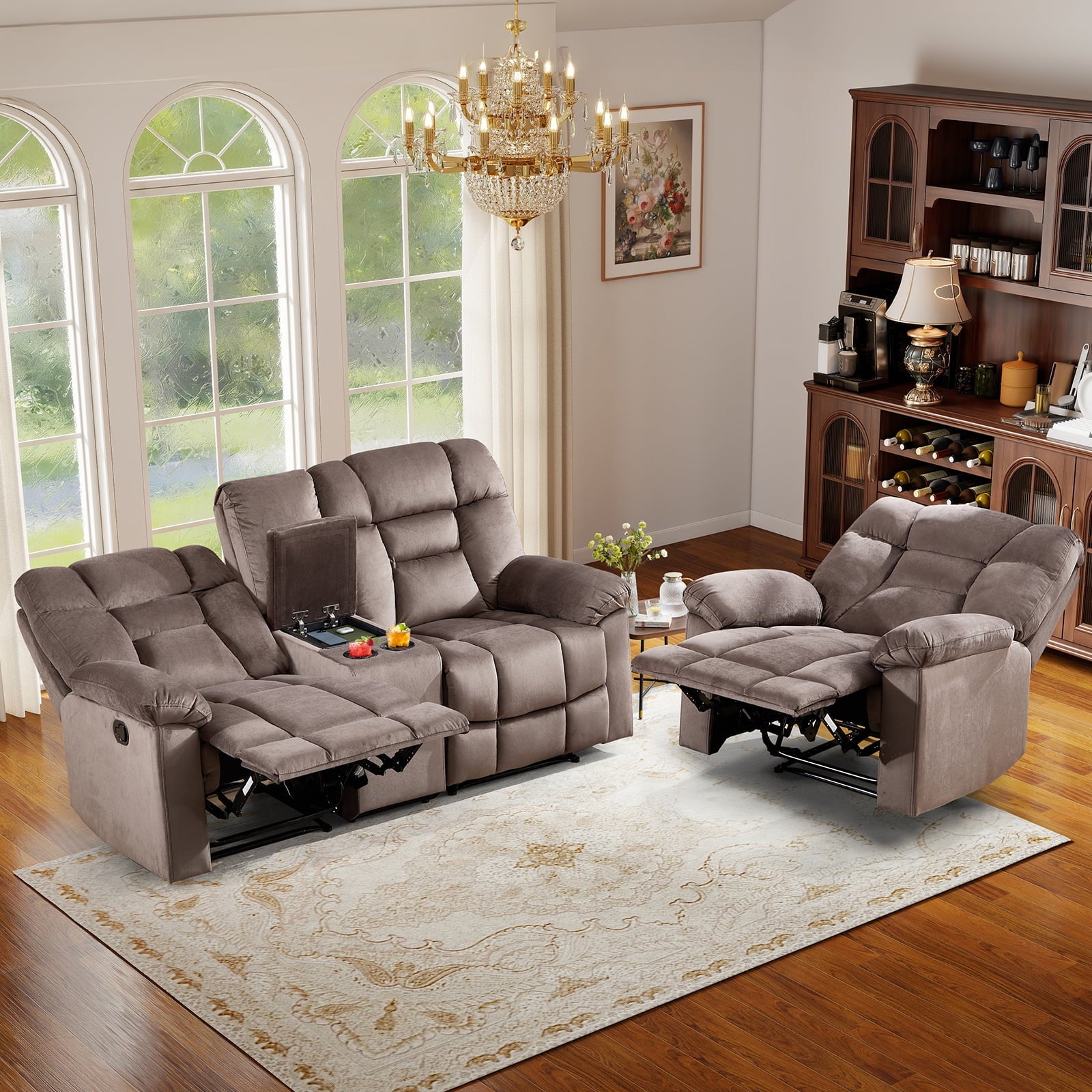 Bonzy Home Brown Manual Recliner Sofa Set with Single Seat, Loveseat, Hidden Storage and Cup Holders