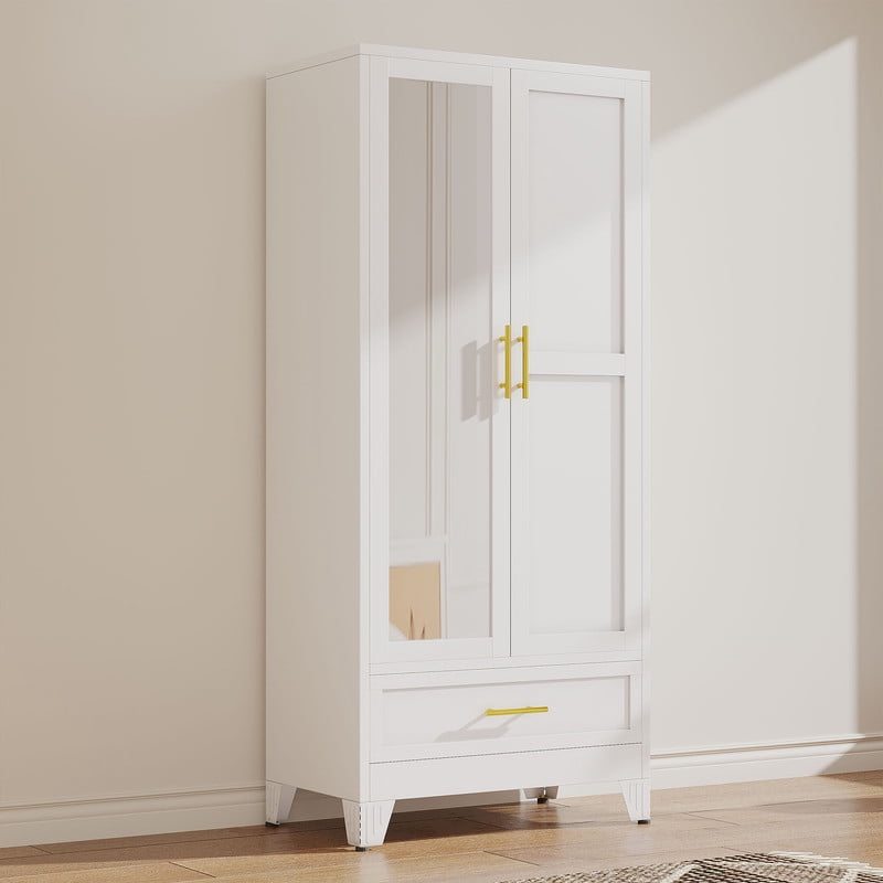 Ero Metal Freestanding Armoire Wardrobe Closet with Hanging Rod and Mirror