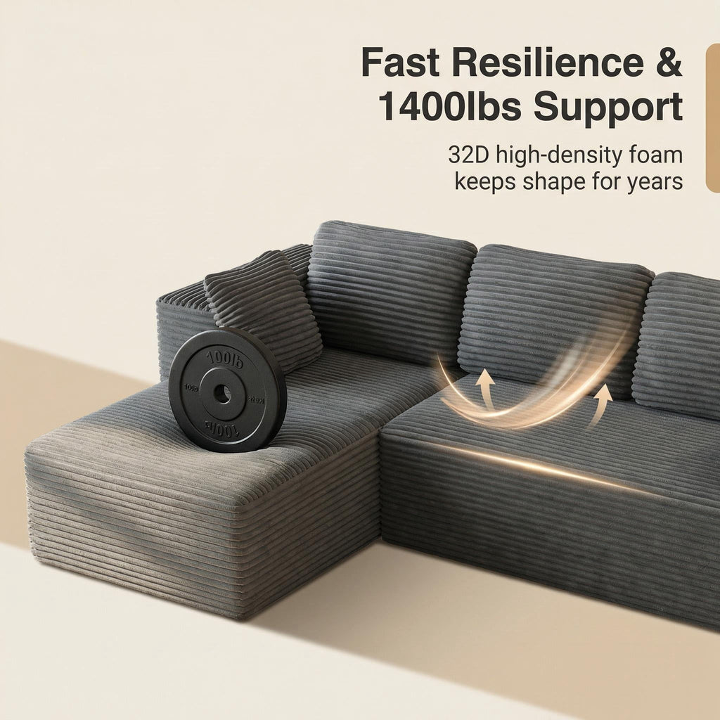 Sofa, Lofka 105 Free Assembly L-Shaped Sectional with Pet Friendly Corduroy Fabric, Black for Living Room/Apartment