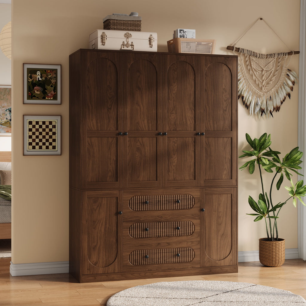 UGTOO 72H 4-Door Wardrobe Armoire with 3 Hanging Rods & 3 Drawers – Black Wooden Closet Storage Cabinet, Large Capacity Freestanding Clothes Organizer for Bedroom