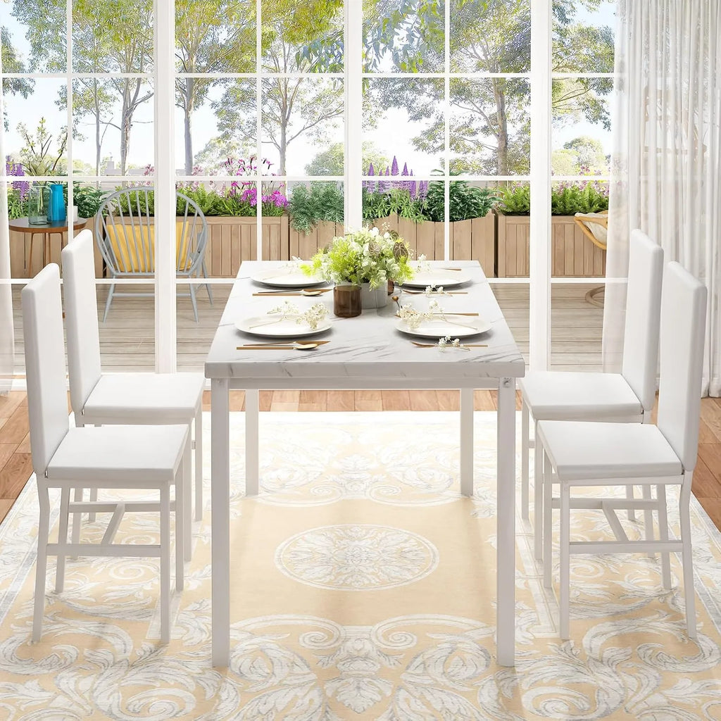 MOOSENG Dining Table Set for 4, Faux Marble Kitchen Table and Chairs Set of 4, 5-Piece Dining Room Set with PU Leather Upholstered Chairs for Small Space, Gray