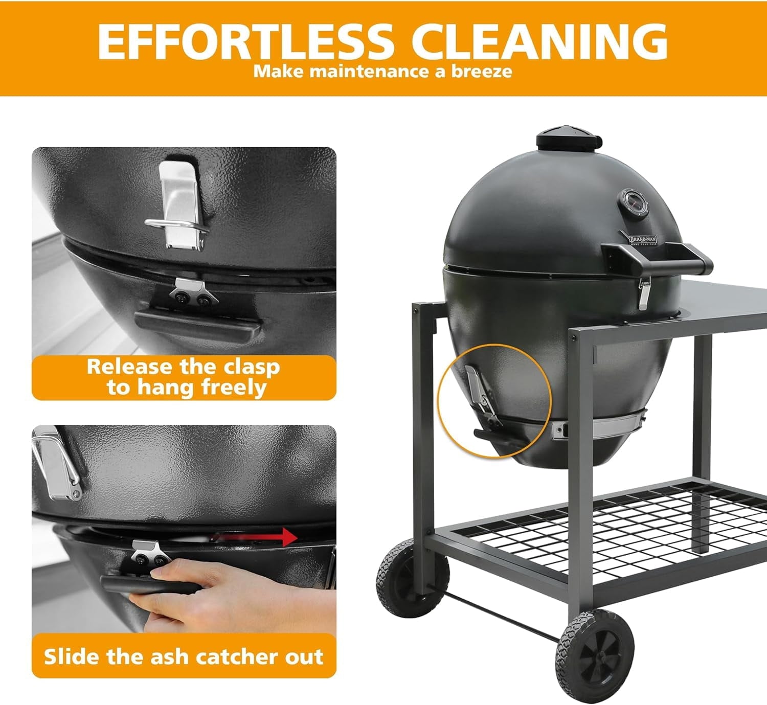 Brand Man 22 Kamado Charcoal Smoker Grill with Rolling Cart, Warming Rack, Pizza Stone & Vegetable Basket for Outdoor BBQ