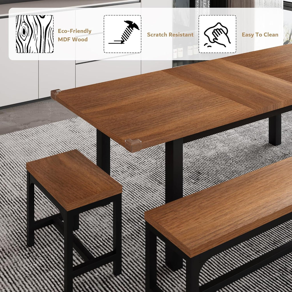 iPormis 5-Piece Dining Table Set for 4-8 People, Extendable Kitchen Table Set with 2 Benches and 2 Square Stools, Espresso