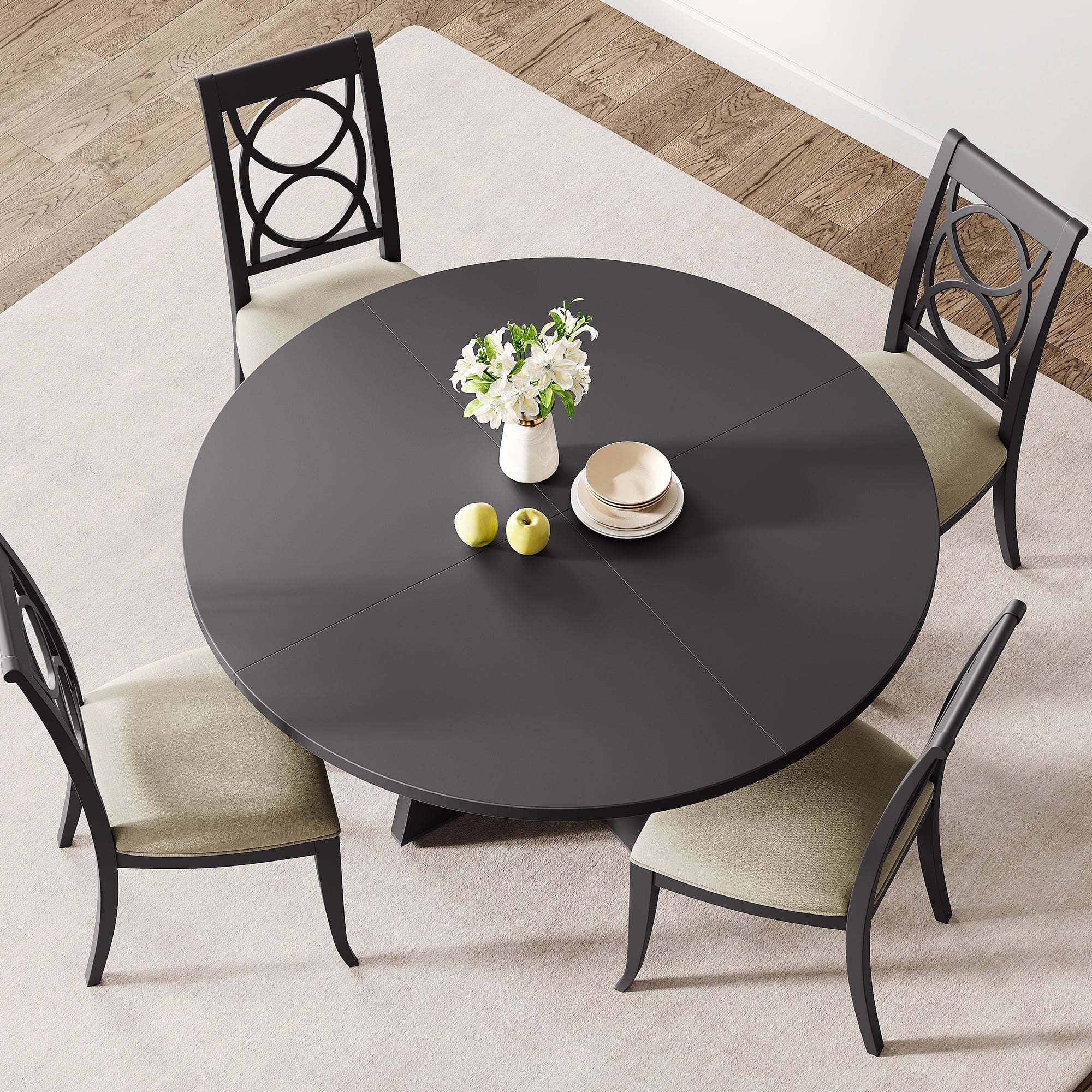 47'' Round Large Dining Table Set for 4 to 6,Mid Century Wood Dinner Table with Wide Tabletop and Cross Base,Dining Room Table for Home Dining Room or Living Room (No Chairs)