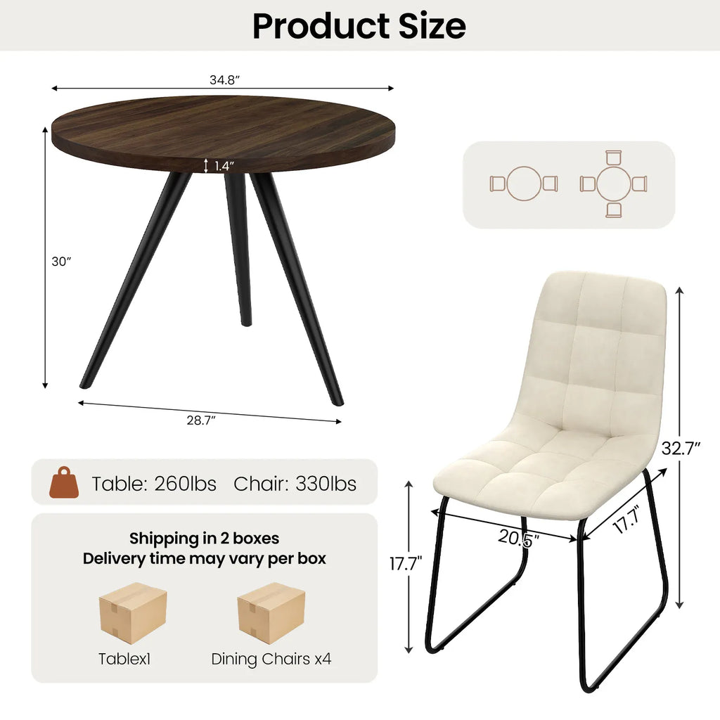 34.8 Round Dining Table for 4 People, Modern Circle Kitchen Table with Metal Legs for Kitchen, Dining Room, Apartment,Gray