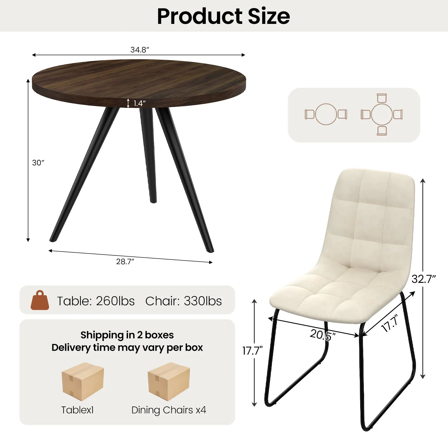 34.8 Round Dining Table for 4 People, Modern Circle Kitchen Table with Metal Legs for Kitchen, Dining Room, Apartment,Gray