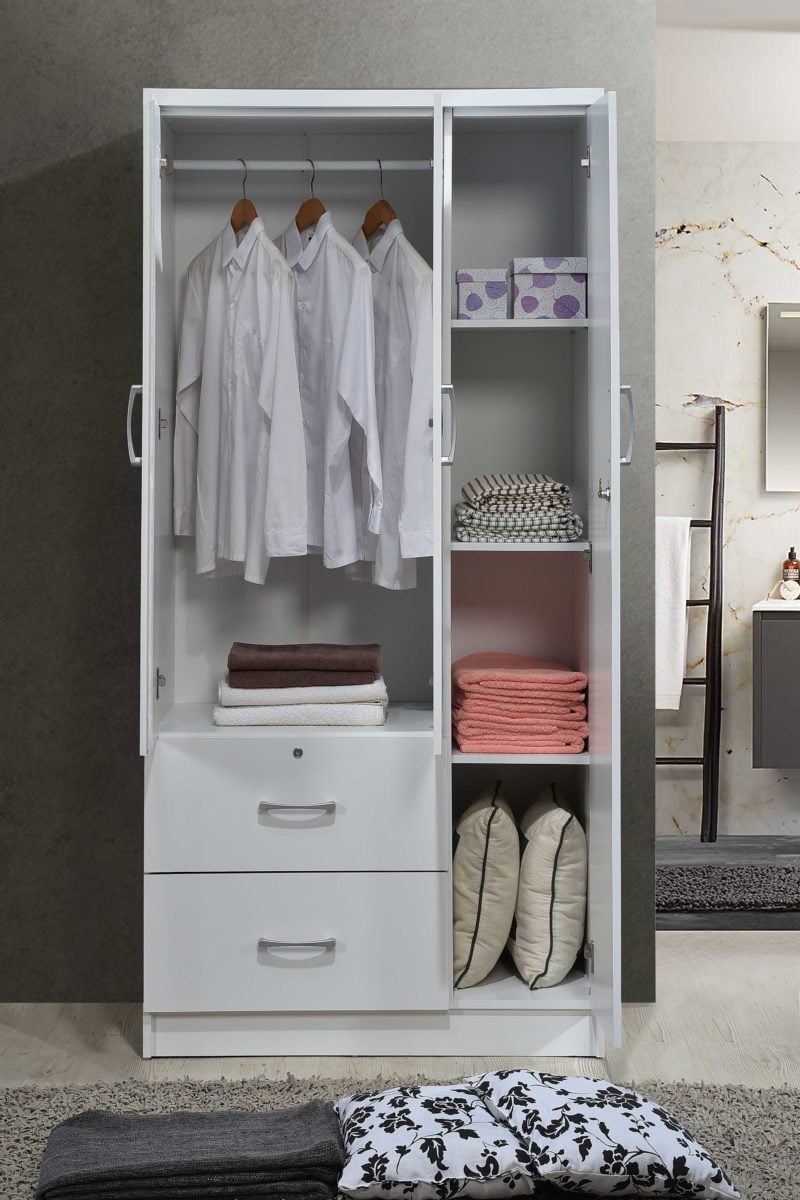 Hodedah 3 Door Bedroom Armoire with Drawers, White Finish
