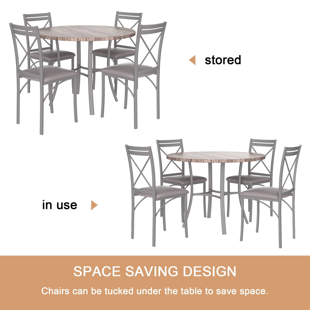 VECELO 5-Piece Dining Table Set, Modern Faux Marble Table and 4 Upholstered Chairs Set for 4, Round Dining Room Table Set for Small Space, Breakfast Nook, Apartment, Black