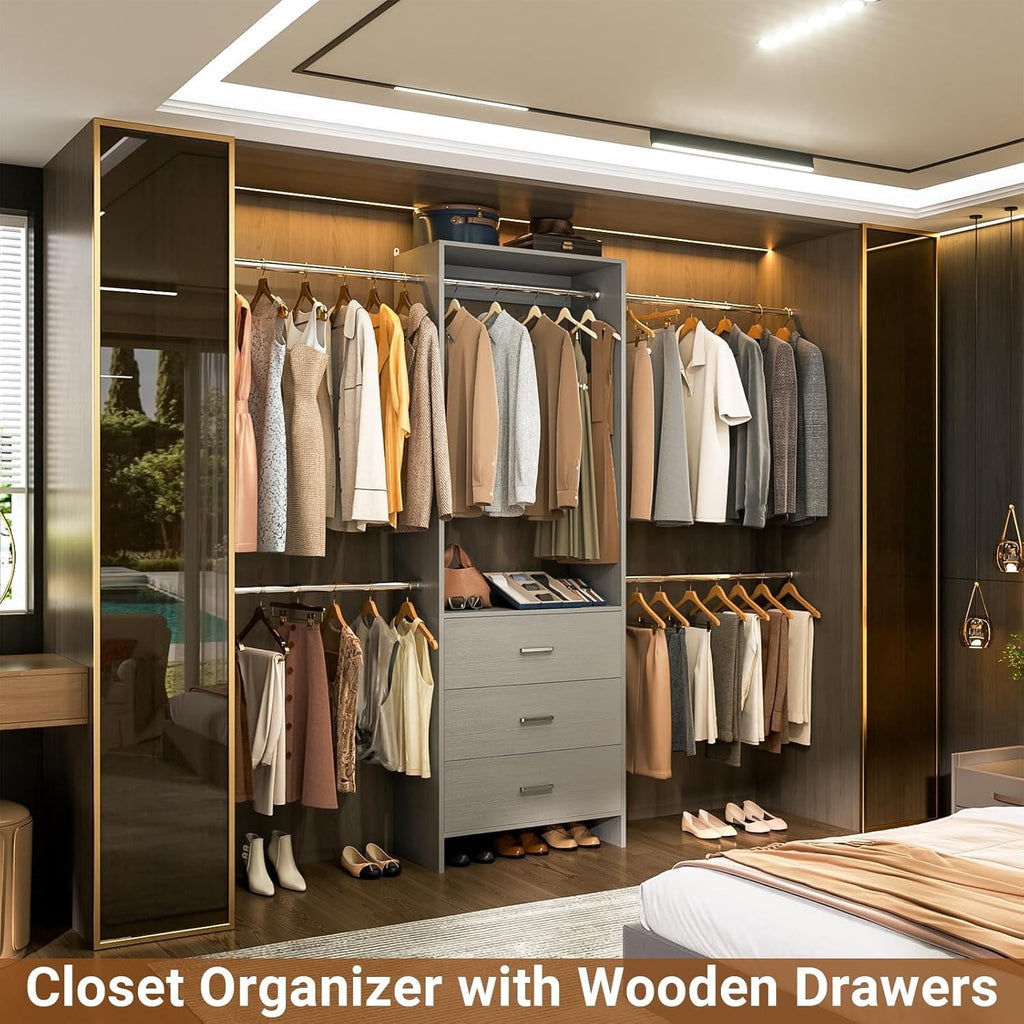 Homieasy Closet System, Closet Organizer with 3 Wooden Drawers, Walk-in Closet Wardrobe Clothes Rack with 4 Hanging Rods, Garment Rack, White