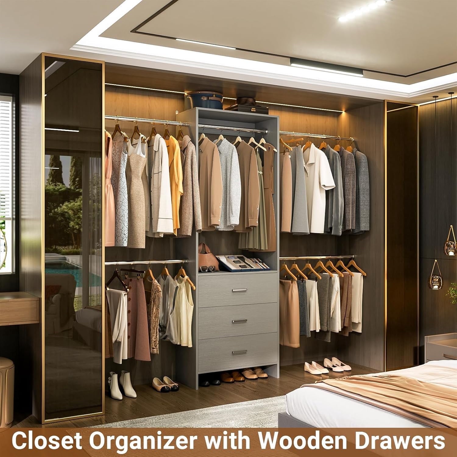 Homieasy Closet System, Closet Organizer with 3 Wooden Drawers, Walk-in Closet Wardrobe Clothes Rack with 4 Hanging Rods, Garment Rack, White