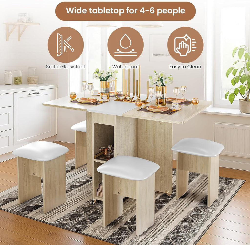MIERES Folding Dining Table Set for 4, Dinner Table with 4 Leather Chairs and Shelves, Space Saving Foldable Dining Table with 6 Wheels, Kitchen Table for Small Spaces (Grey)