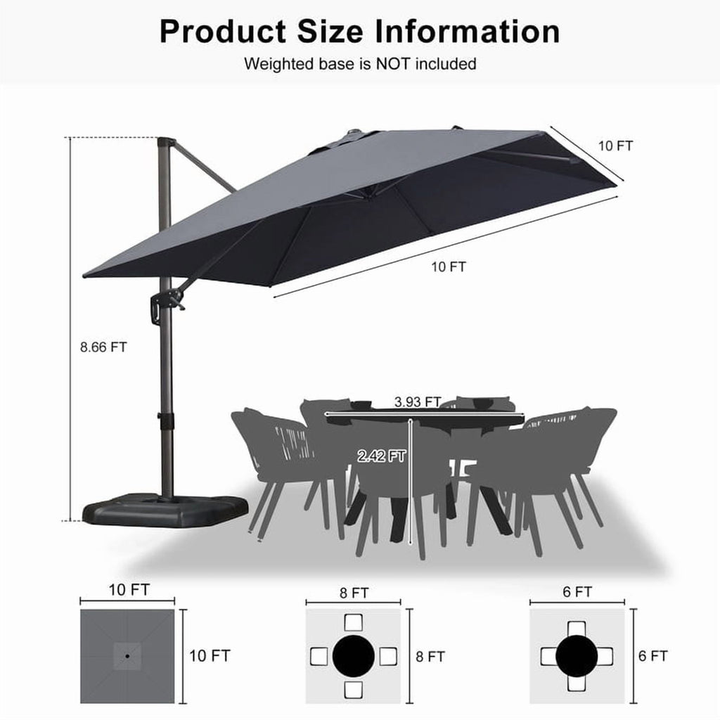 PURPLE LEAF 10x10 Ft Cantilever Umbrella Square Outdoor Patio Umbrella Large Offset Hanging Umbrella Aluminum Umbrella with 360°Rotation Adjustable Garden Pool Umbrella,Gray
