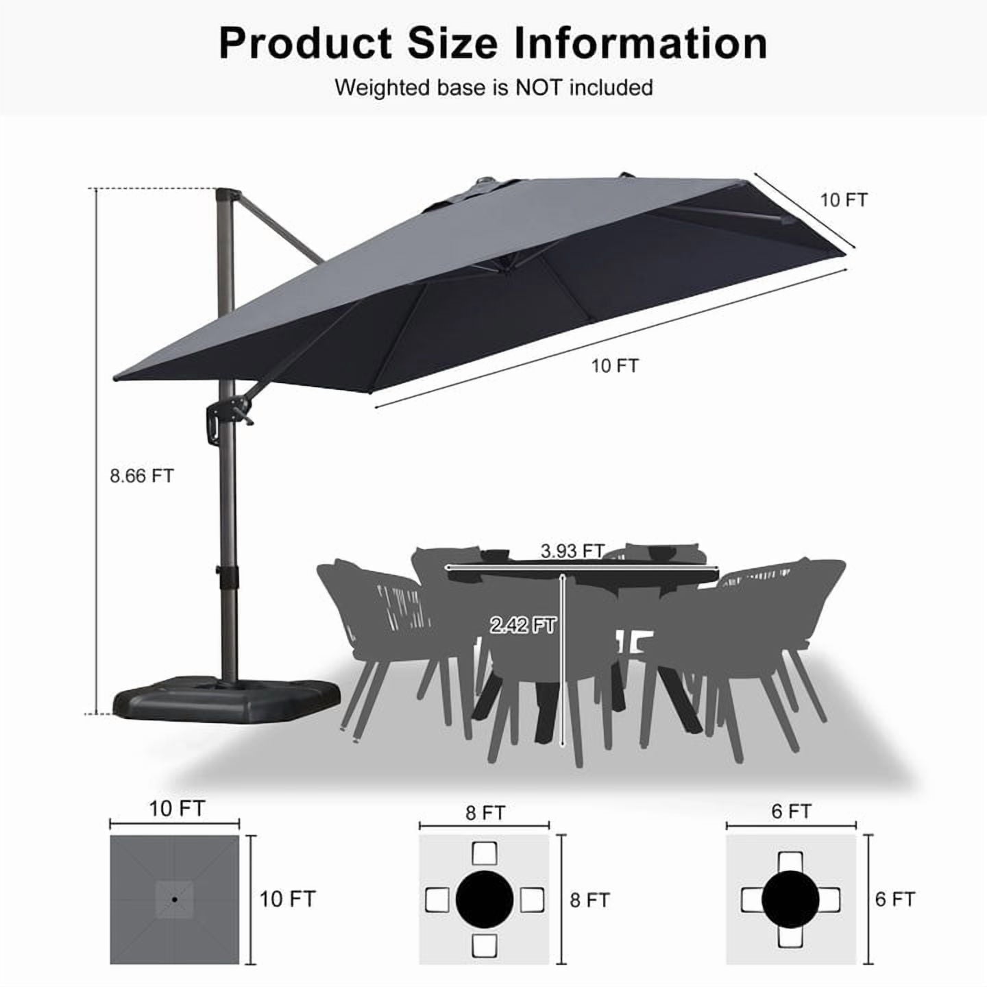 PURPLE LEAF 10x10 Ft Cantilever Umbrella Square Outdoor Patio Umbrella Large Offset Hanging Umbrella Aluminum Umbrella with 360°Rotation Adjustable Garden Pool Umbrella,Gray