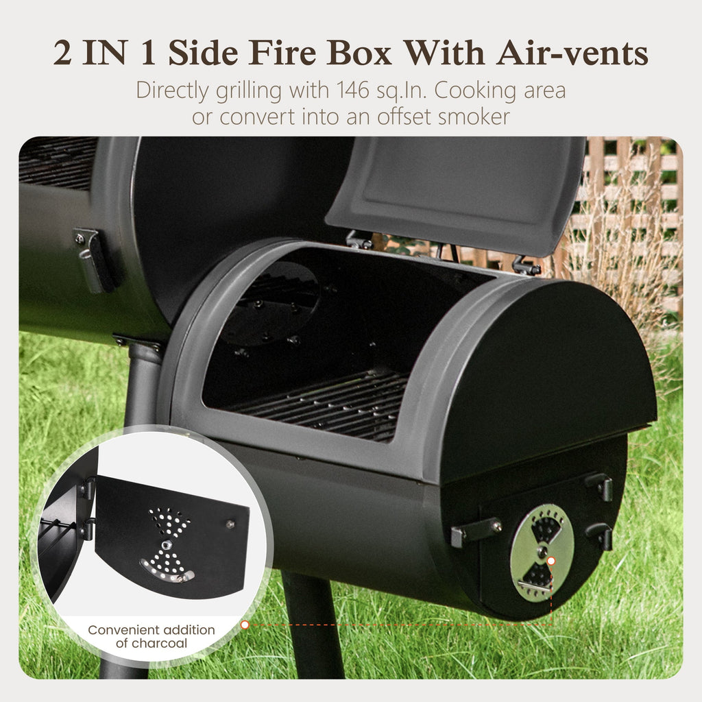 Alpha Joy Steel BBQ Charcoal Grill with Offset Smoker in Black