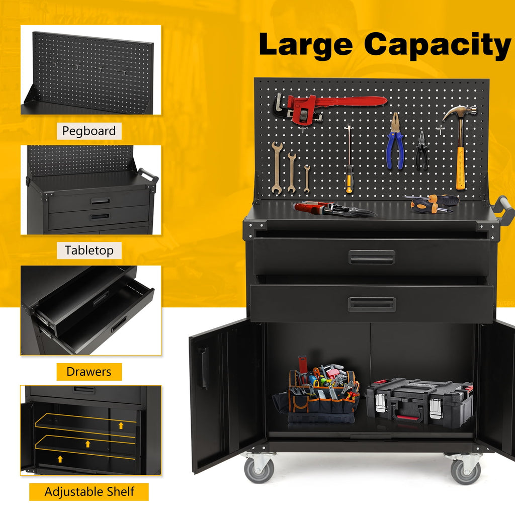 Danrelax 52 Mobile Workbench with Pegboard, 2 Drawers, Lockable Cabinet, Heavy-Duty Steel, 220 lb Capacity, 4 Locking Wheels