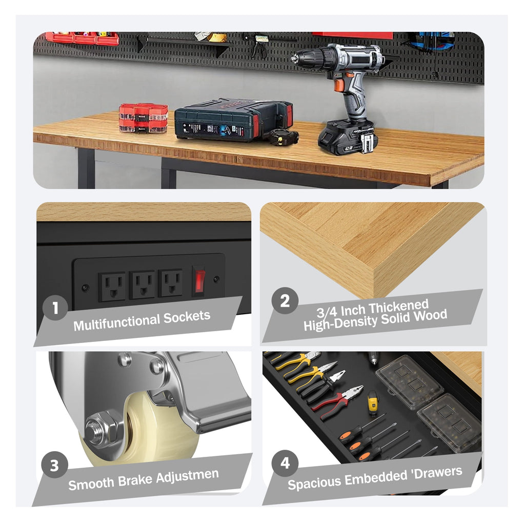 60 Adjustable Workbench,Heavy-Duty Work Table,3000 LBS Load Capacity Hardwood Workstation Outlets with Power strips and Wheels,for Workshop, Garage