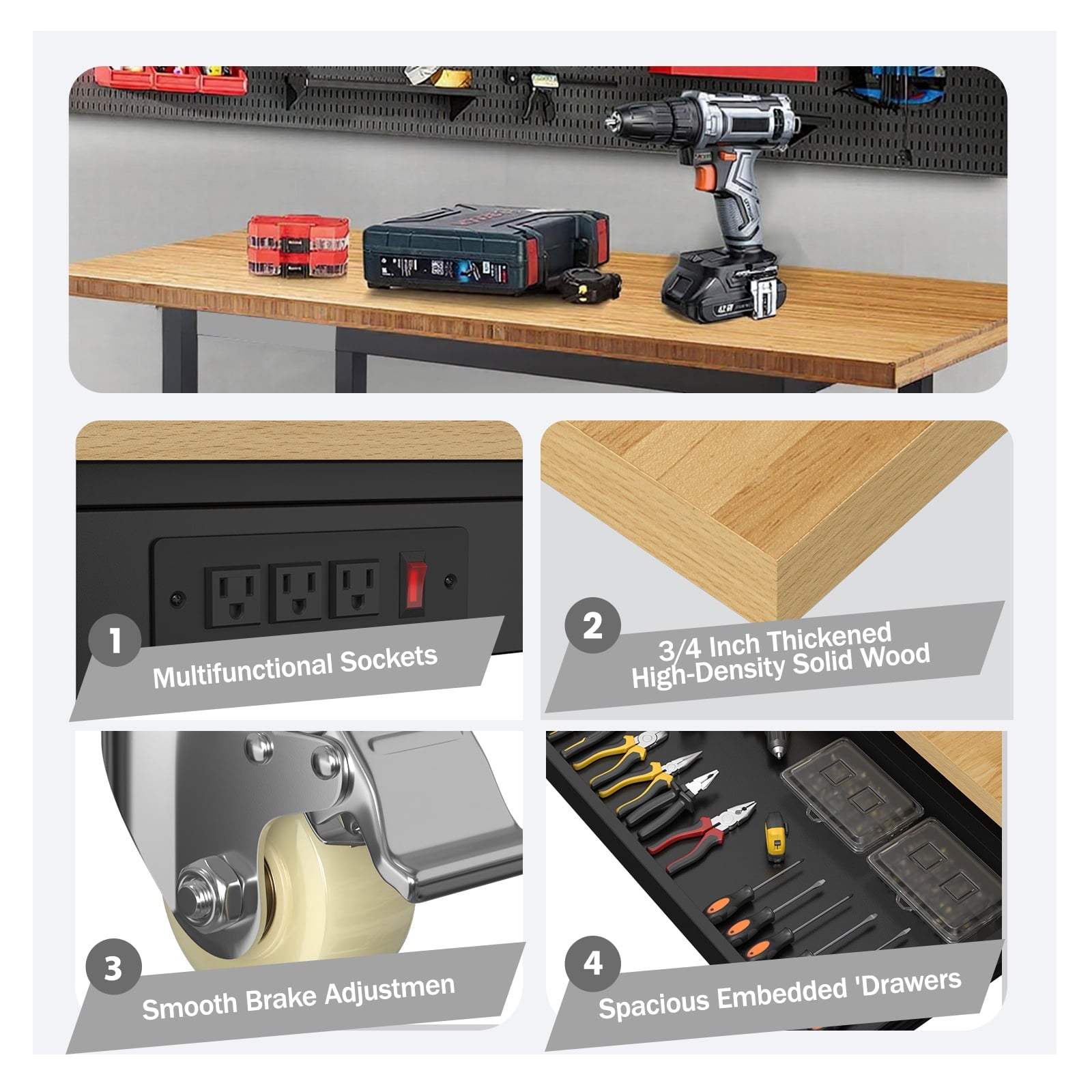 60 Adjustable Workbench,Heavy-Duty Work Table,3000 LBS Load Capacity Hardwood Workstation Outlets with Power strips and Wheels,for Workshop, Garage