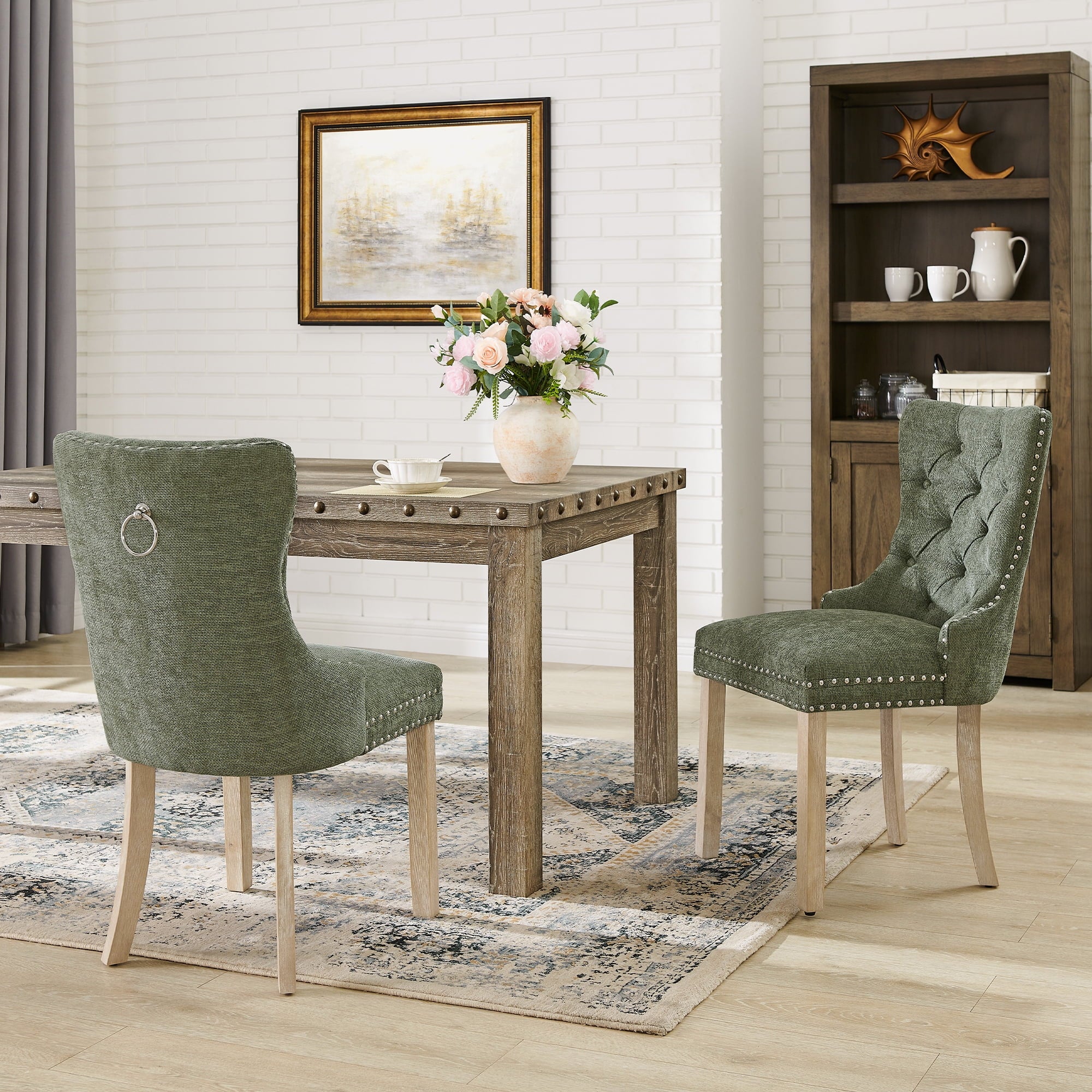 Farmhouse Dining Table Set for 6, Rectangular Wooden Table& 6 Upholstered Kitchen Chairs with Nailhead Accents for Dining Hub,Breakfast Nook