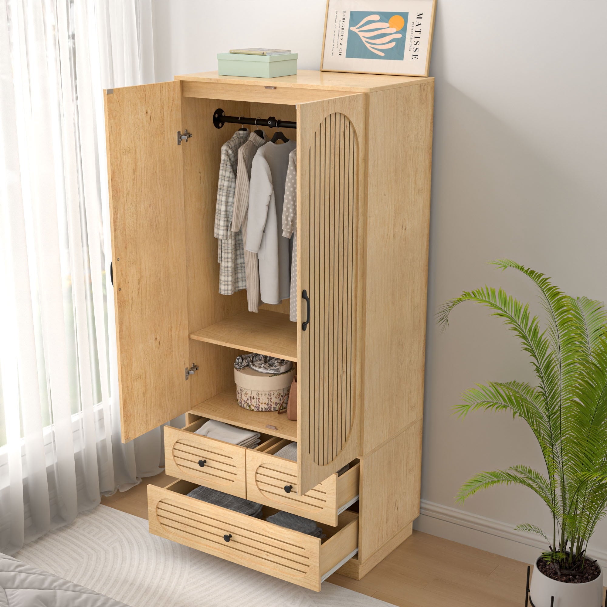 Wardrobe Closet with 2 Door & 3 Drawers, Freestanding Wooden Closet with Shelves and Hanging Rod, Bedroom