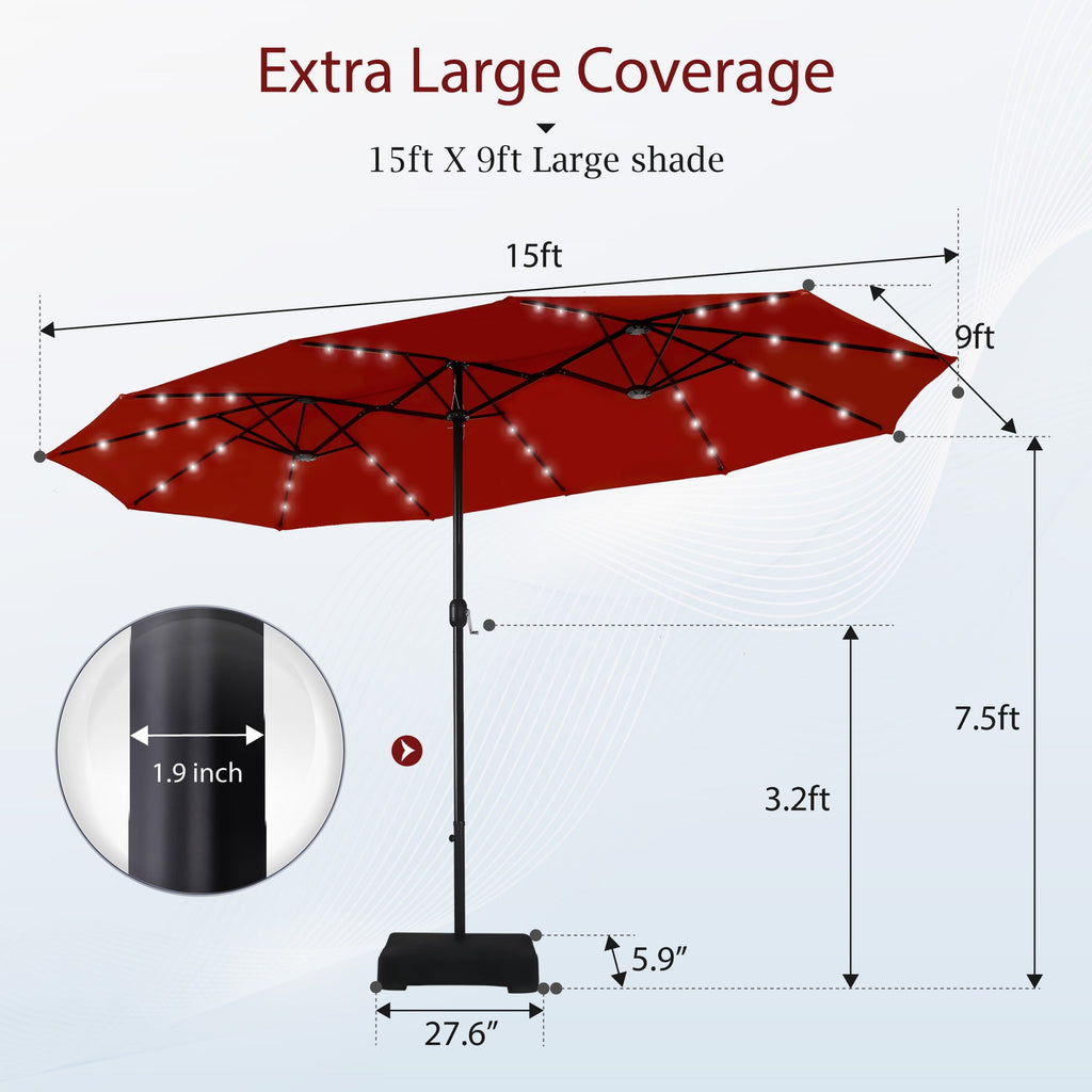 Alpha Joy 15ft Extra Large Outdoor Patio Double-Sided Umbrella with LED Solar Lights & Umbrella Base, Beige