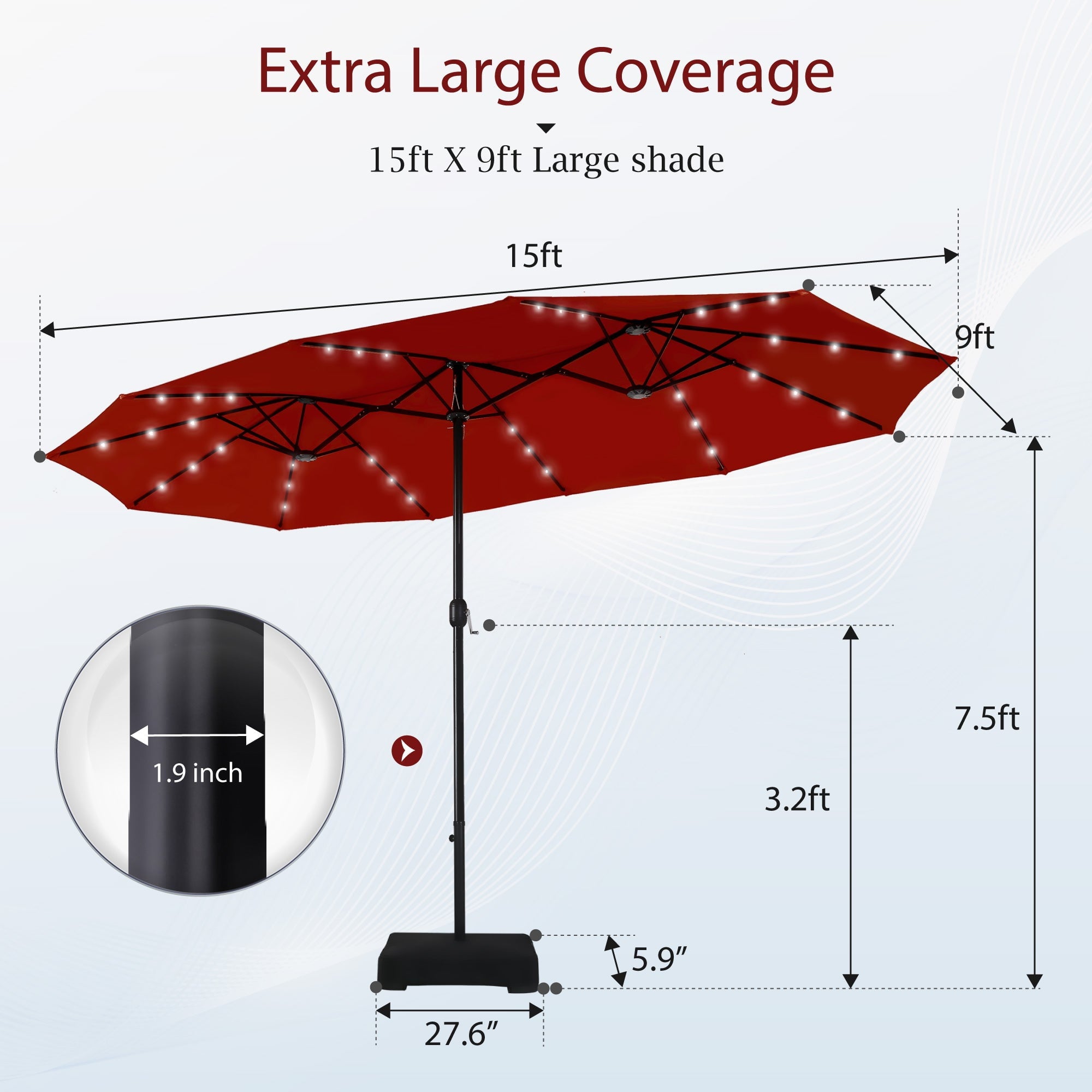 Alpha Joy 15ft Extra Large Outdoor Patio Double-Sided Umbrella with LED Solar Lights & Umbrella Base, Beige
